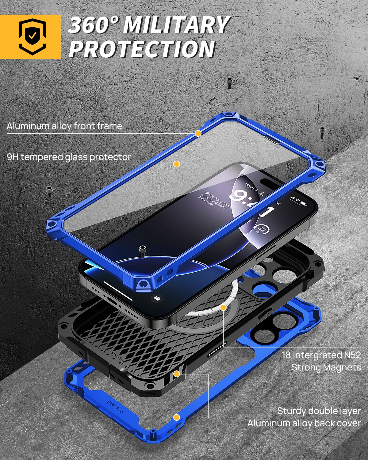 Lanhiem for iPhone 16 Metal Case with Camera Cover & Stand [Compatible with MagSafe] [Built-in Kickstand] [Military-Grade Protection] Heavy Duty Rugged Magnetic Phone Case, Black