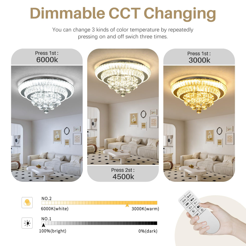 COCOSTAR 20" Gold Crystal Chandeliers, Flush Mount Chandelier LED Ceiling Light, Modern Crystal Raindrop Chandeliers for Dining Room, Living Room, Bedroom