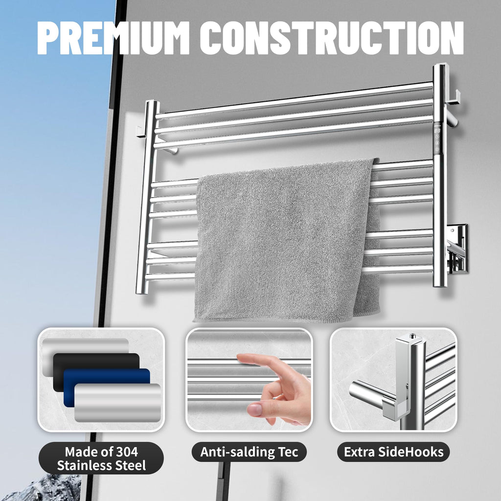 K&KALONZO Wall-Mounted 9-Bar Heated Towel Rack, Fast Heat in 2 Min, NTC Safety | 4 Timers & 3 Heat Levels Control, Plug-In/Hardwired, Top Hooks, Memory Function, Anti-Scald, Stainless Steel, EL13ML