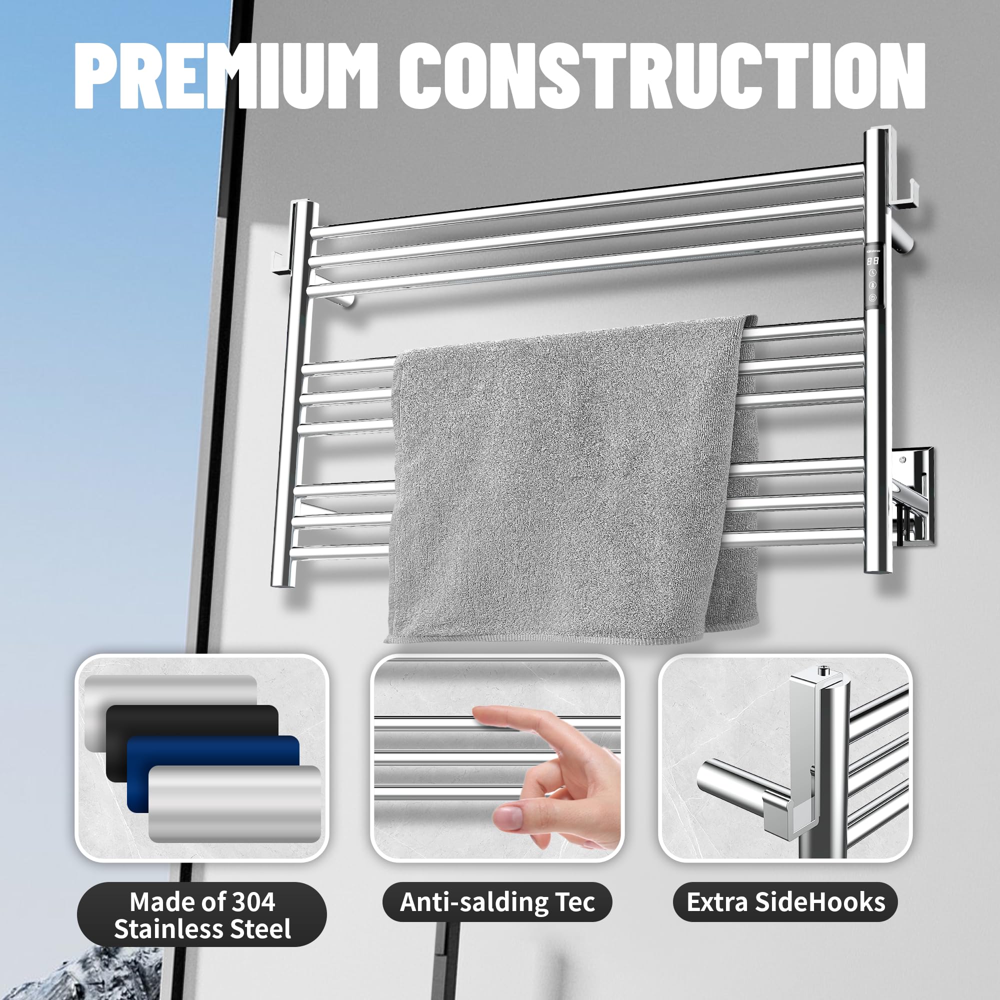 K&KALONZO Wall-Mounted 9-Bar Heated Towel Rack, Fast Heat in 2 Min, NTC Safety | 4 Timers & 3 Heat Levels Control, Plug-In/Hardwired, Top Hooks, Memory Function, Anti-Scald, Stainless Steel, EL13ML