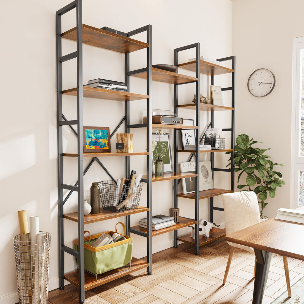 SUPERJARE Triple Bookshelf, Bookcase with 11 Open Display Shelves, Wide Book Shelf Book Case for Home & Office, 4 Tier, Black