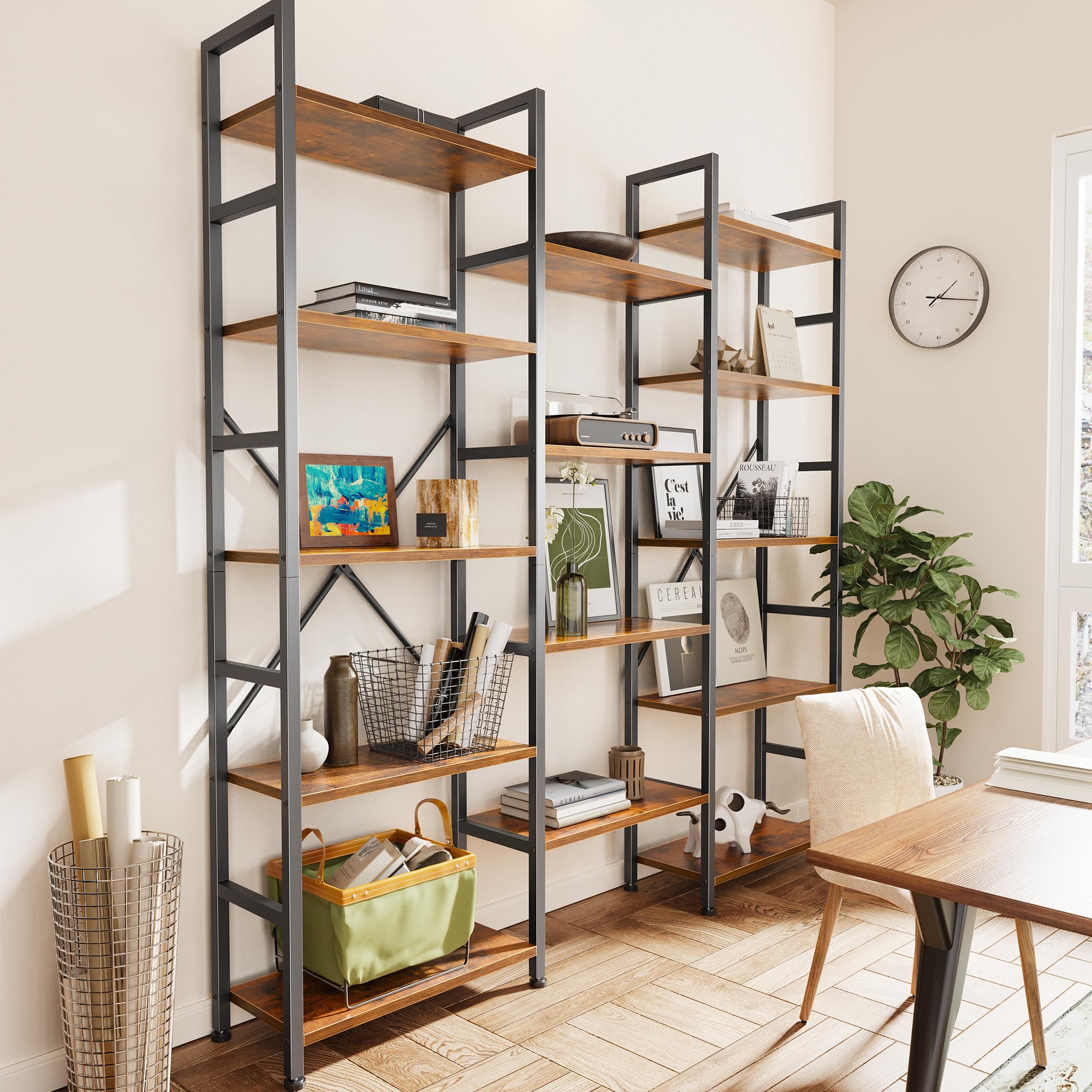 SUPERJARE Triple Bookshelf, Bookcase with 11 Open Display Shelves, Wide Book Shelf Book Case for Home & Office, 4 Tier, Black