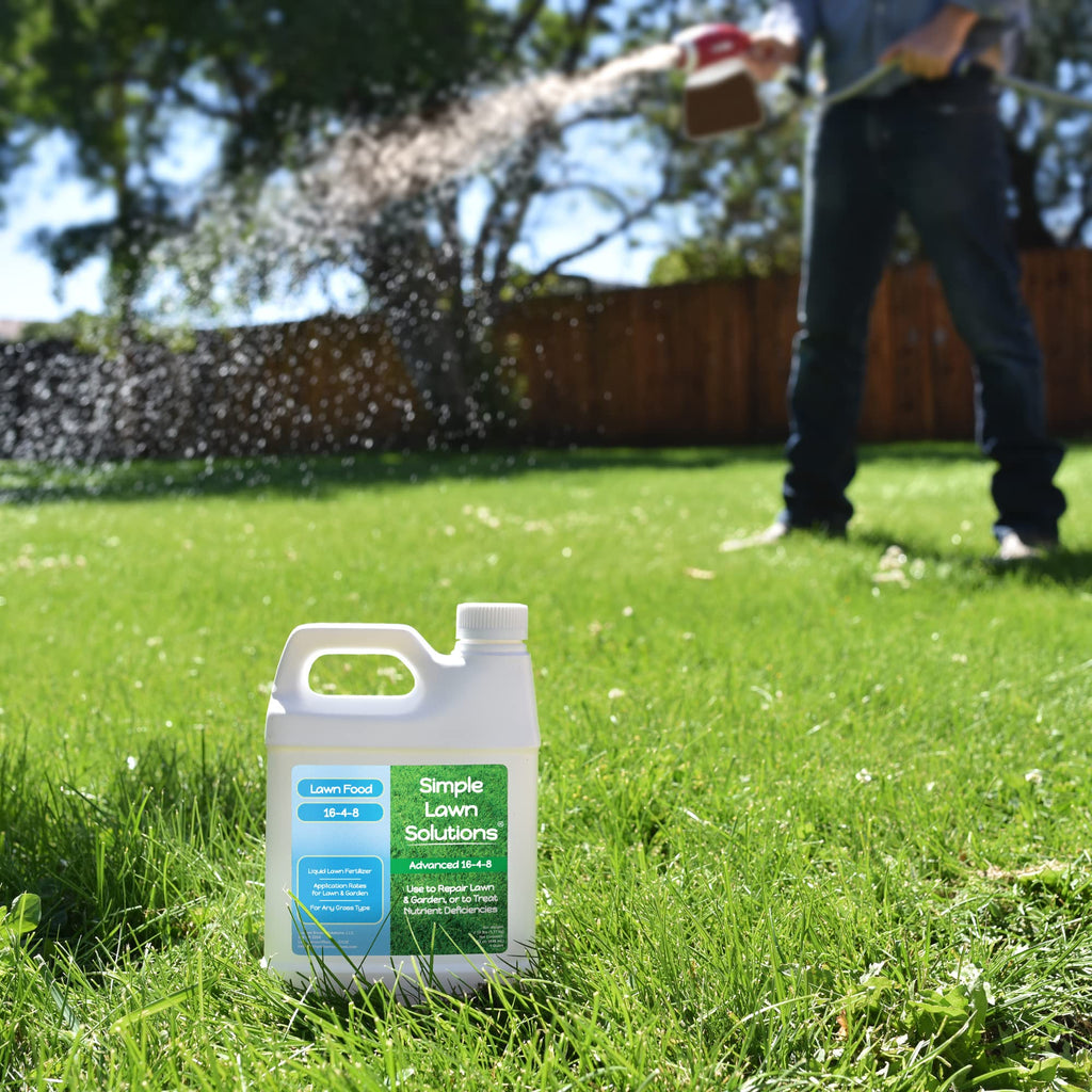 Advanced 16-4-8 Lawn Fertilizer - Liquid Lawn Food Spring & Summer Concentrated Spray - Any Grass Type- Fish and Seaweed Kelp- Balanced NPK - Simple Lawn Solutions (1 Gallon)