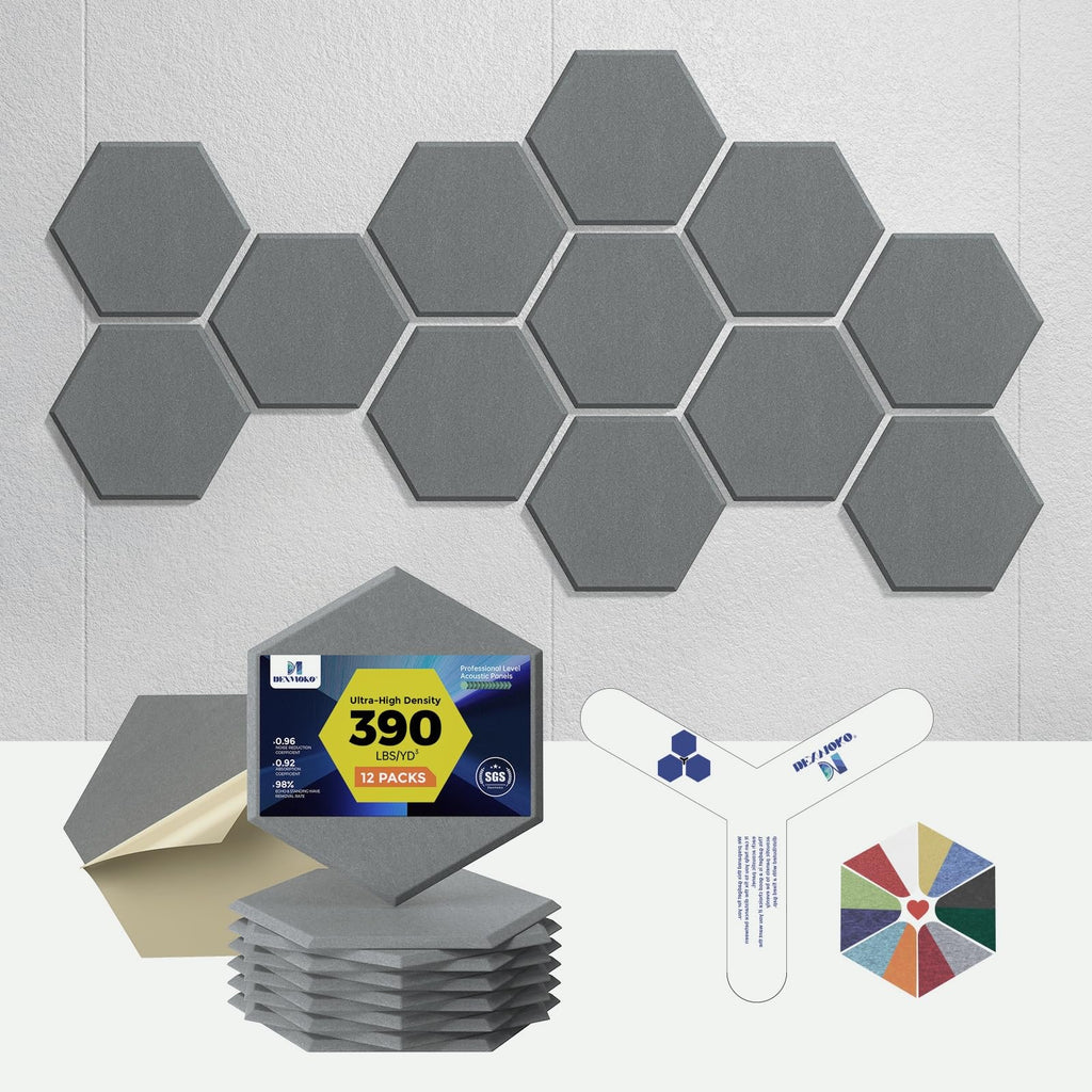 Self-Adhesive Acoustic Panels [390 lbs/yd³ Ultra-High Density], 2nd Generation Sound Absorbing Panel, Professional Level Sound Panel, Polyester Soundproof Foam [Medium Hexagon, Beige]
