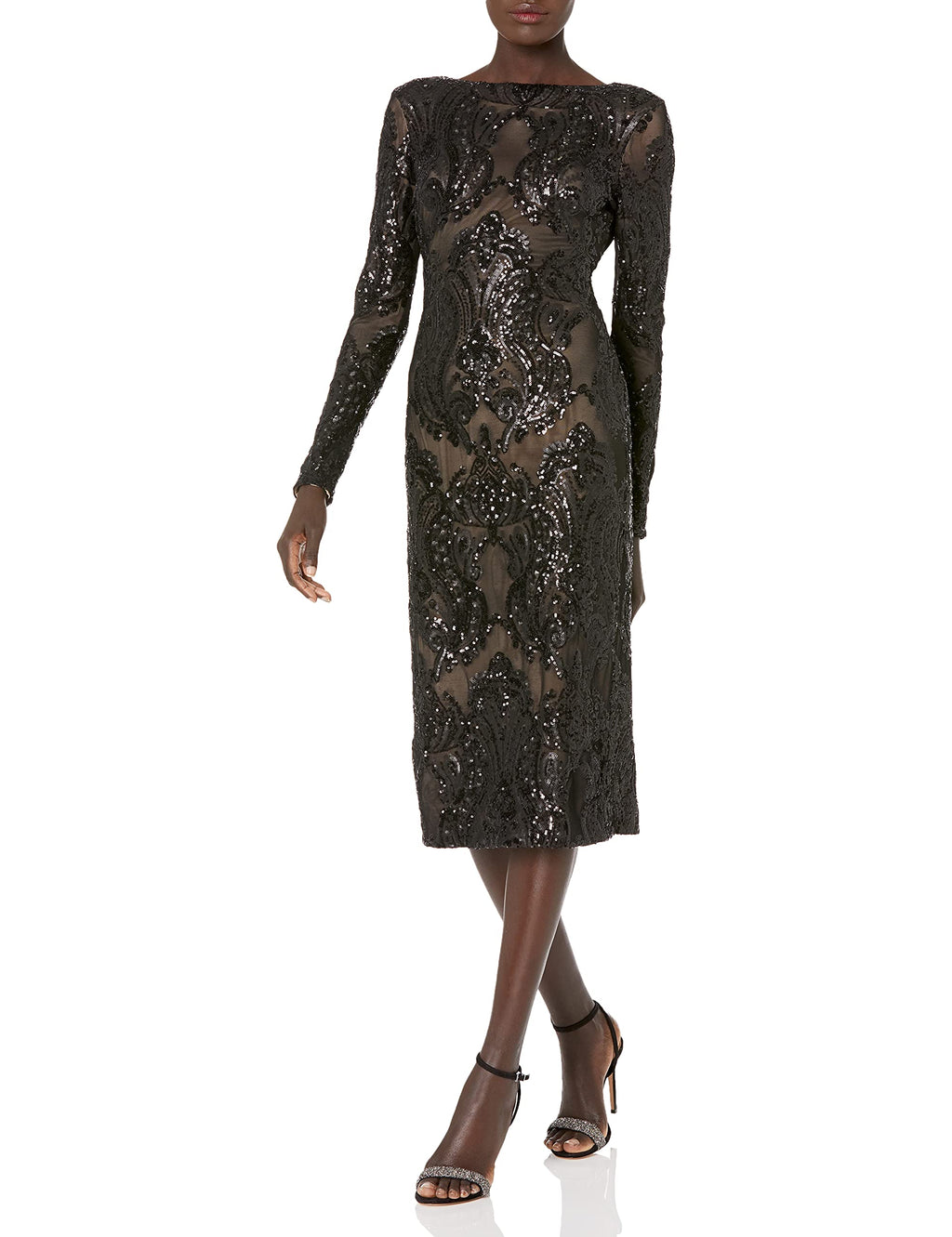 Dress The Population Womens Emery Long Sleeve Stretch Sequin Midi Sheath Ddr147