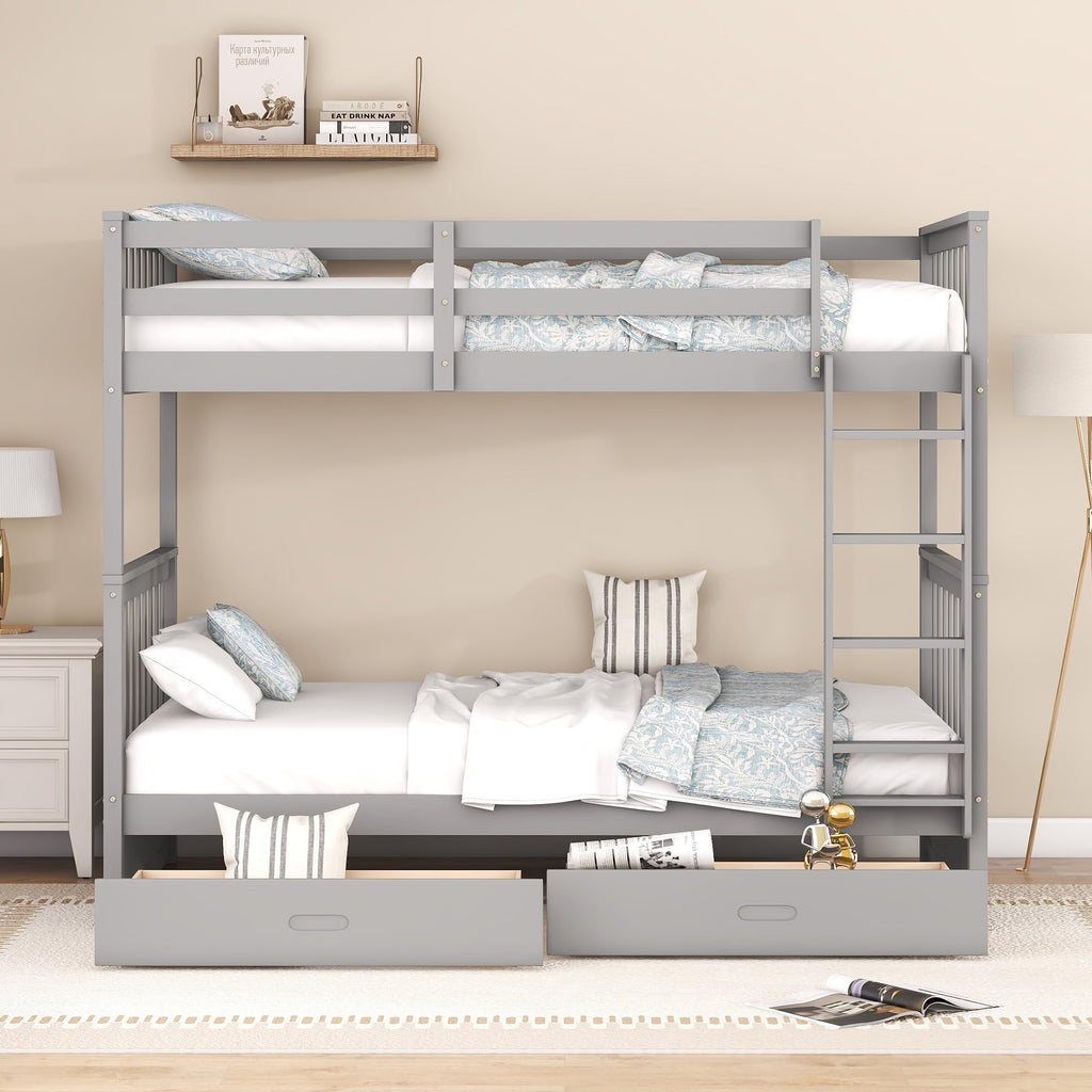 Merax Wood Bunk Bed with Two Drawers,Convertible Wood Bunk Bed with Ladders and Two Storage Drawers,Solid Wood Detachable Bed Frame with Ladders, Twin Over Full Size, Espresso
