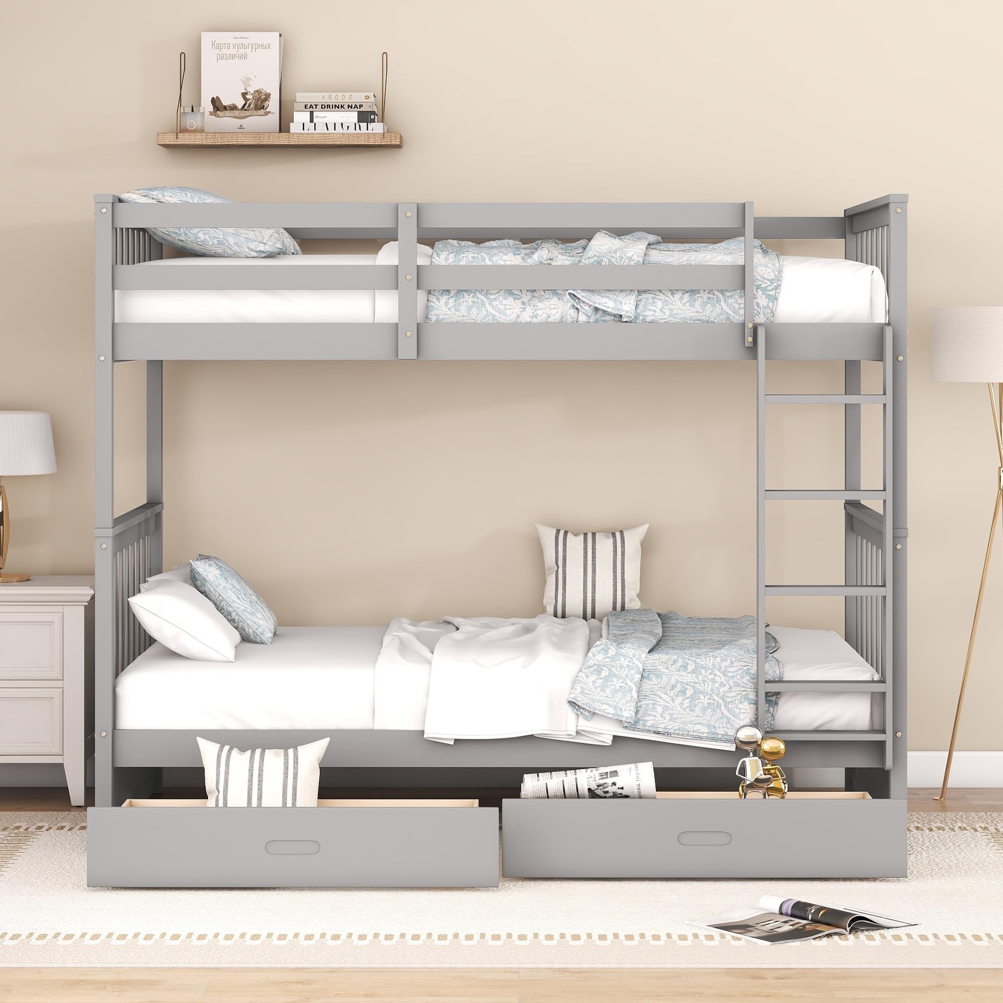 Merax Wood Bunk Bed with Two Drawers,Convertible Wood Bunk Bed with Ladders and Two Storage Drawers,Solid Wood Detachable Bed Frame with Ladders, Twin Over Full Size, Espresso