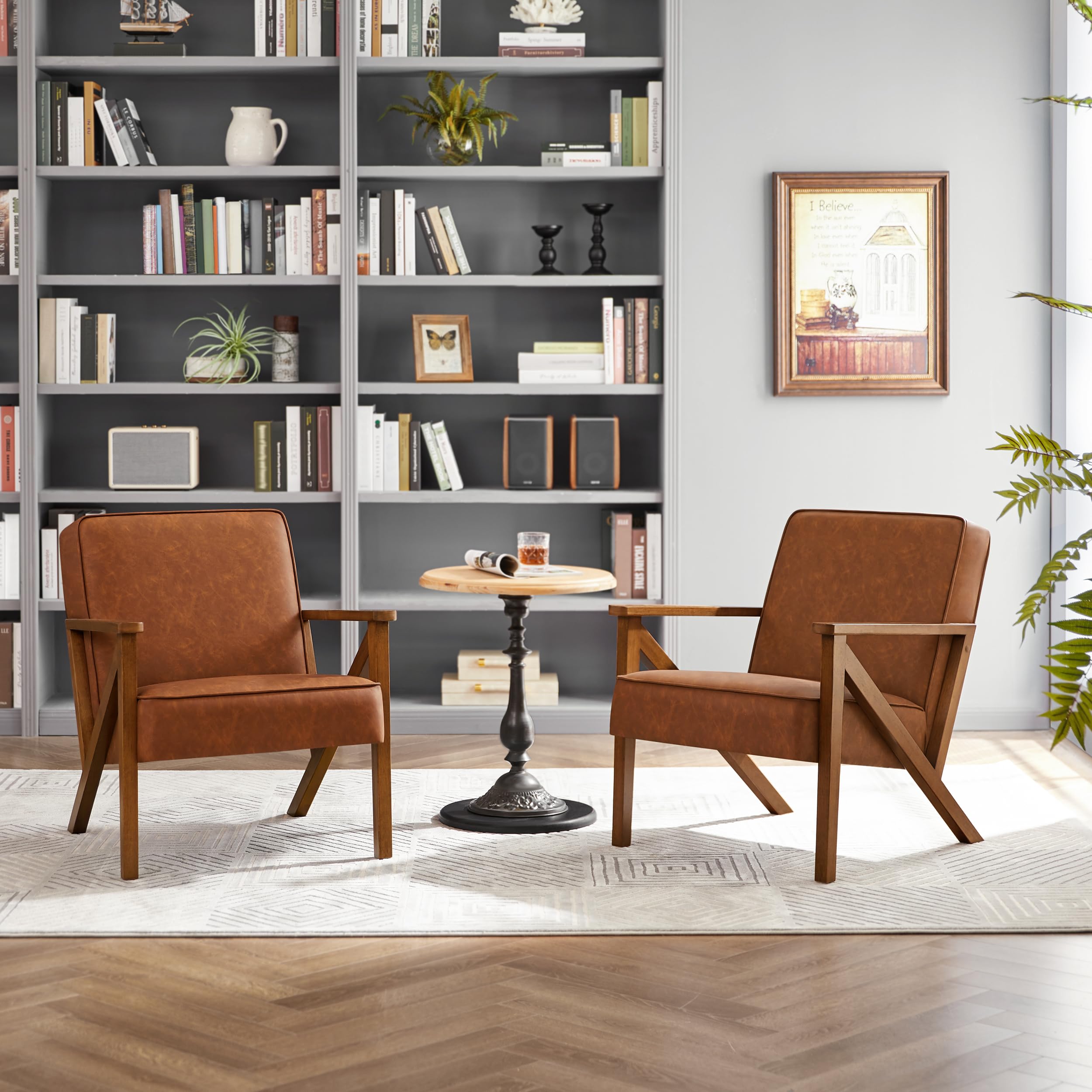 Yaheetech Accent Chair, PU Leather Reading Chair, Mid Century Modern Arm Chair with Solid Wood Frame for Living Room Bedroom Waiting Room, 2 Pieces, Black