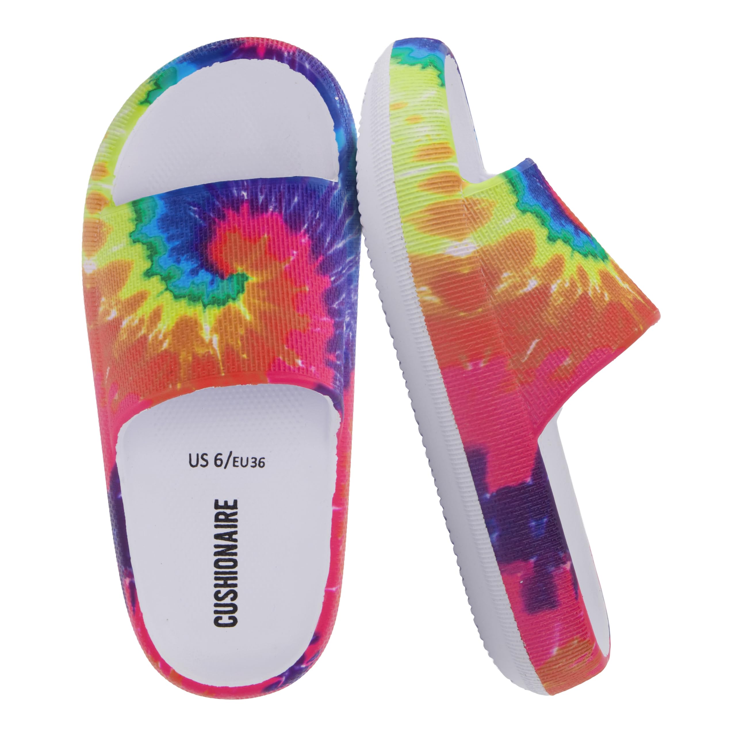 CUSHIONAIRE Feather EVA Slides for Women – Comfortable Slip On Womens Slippers, Indoor Outdoor Shower Shoes, Beach Essential Cloud Slides