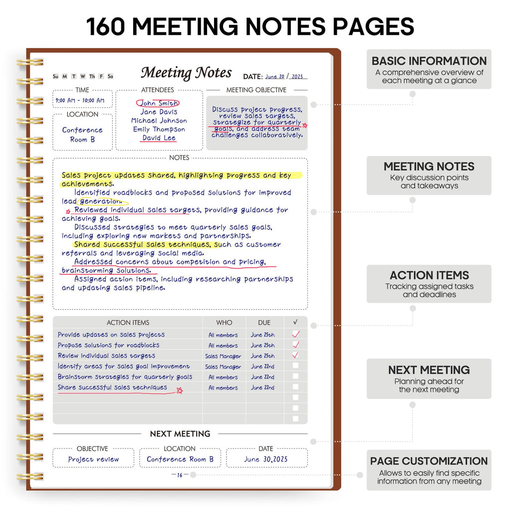 Meeting Notebook for Work Organization - Work Planner Notebook with Action Items, Agenda Planner for Note Taking, 160 Pages (6.9" X 9.9") Project Organizer for Men & Women - Pink