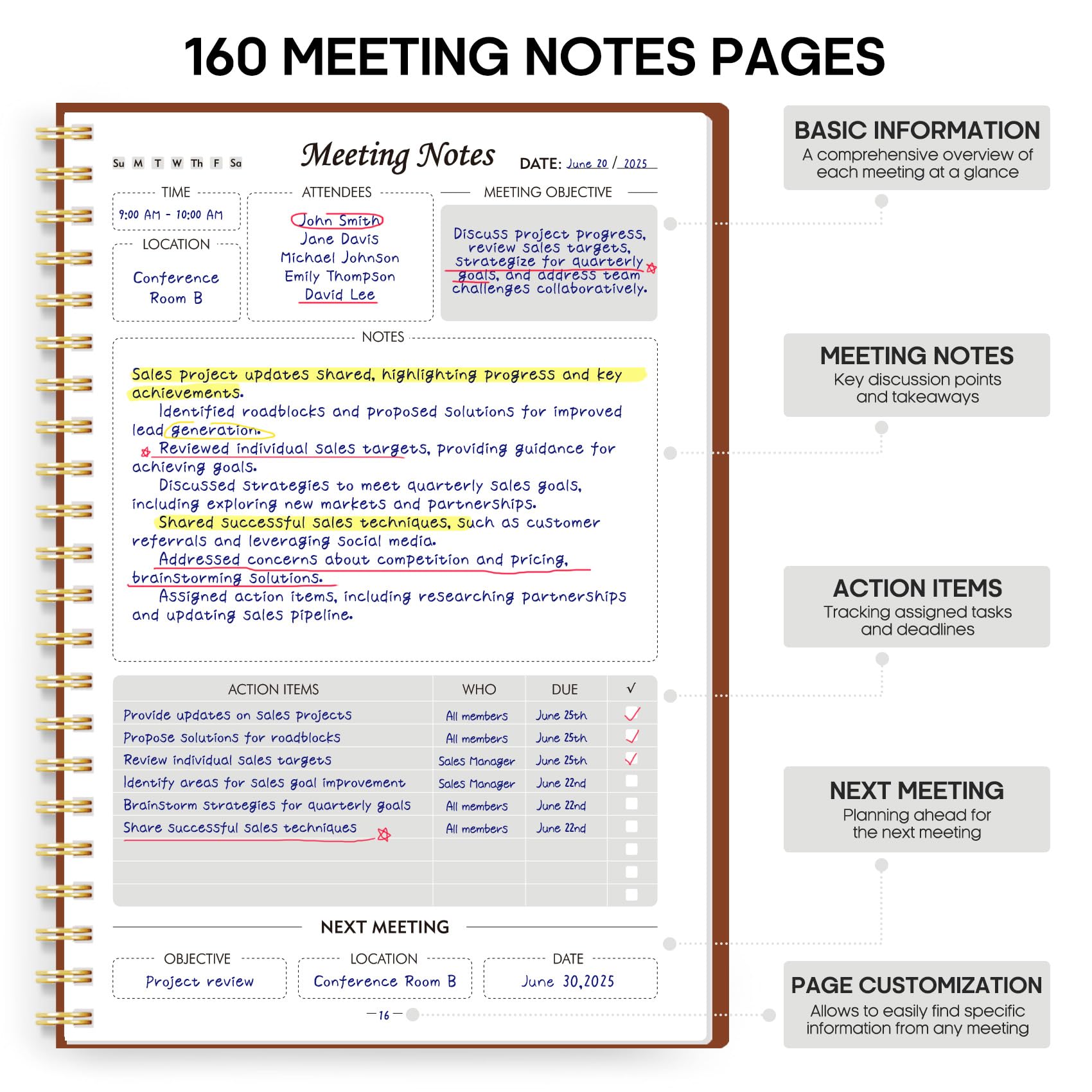 Meeting Notebook for Work Organization - Work Planner Notebook with Action Items, Agenda Planner for Note Taking, 160 Pages (6.9" X 9.9") Project Organizer for Men & Women - Pink