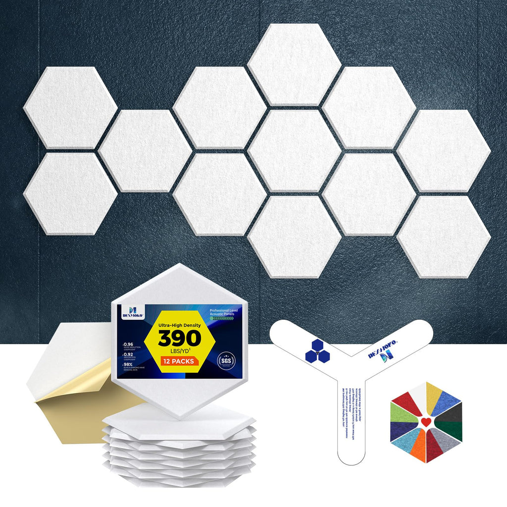 Self-Adhesive Acoustic Panels [390 lbs/yd³ Ultra-High Density], 2nd Generation Sound Absorbing Panel, Professional Level Sound Panel, Polyester Soundproof Foam [Medium Hexagon, Beige]