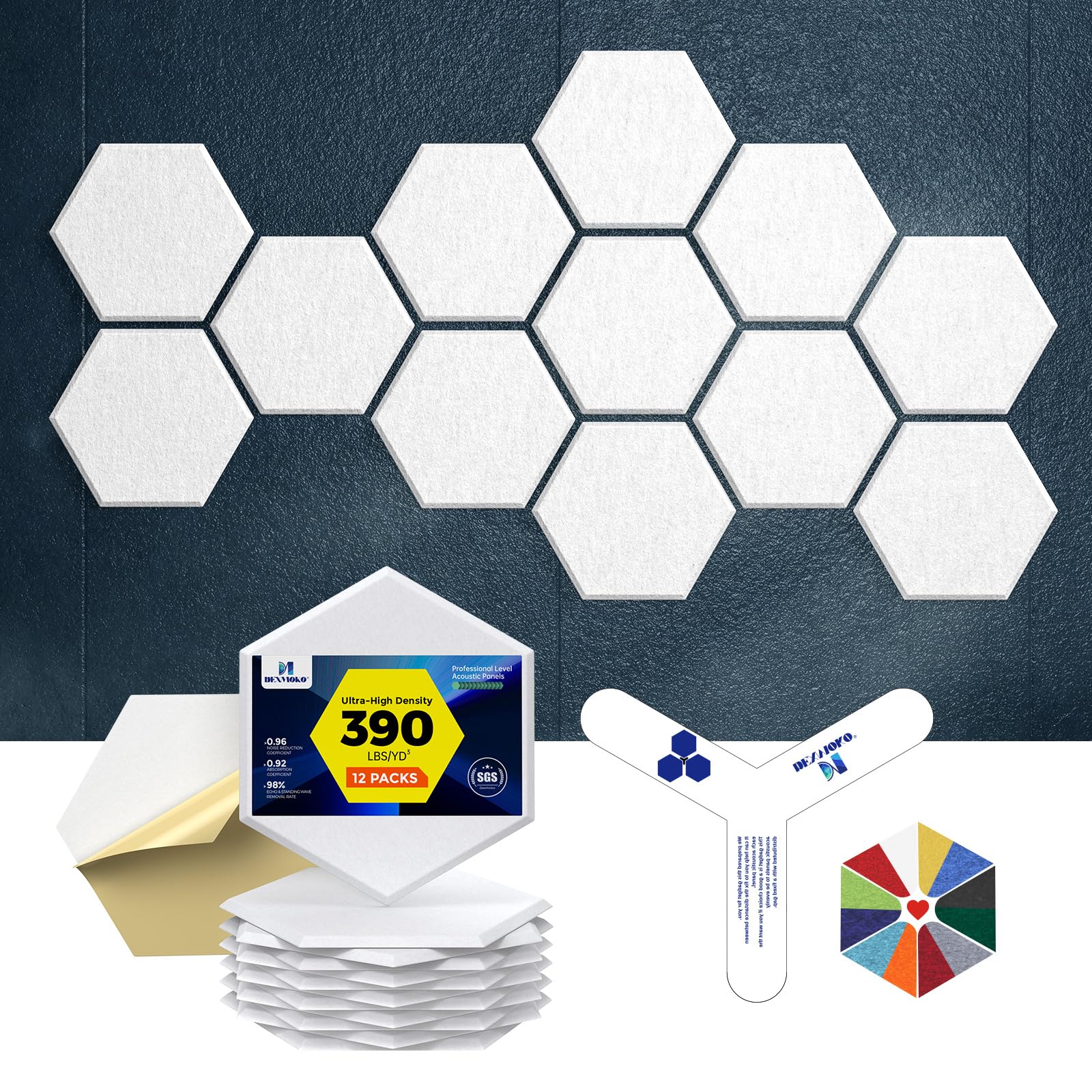Self-Adhesive Acoustic Panels [390 lbs/yd³ Ultra-High Density], 2nd Generation Sound Absorbing Panel, Professional Level Sound Panel, Polyester Soundproof Foam [Medium Hexagon, Beige]