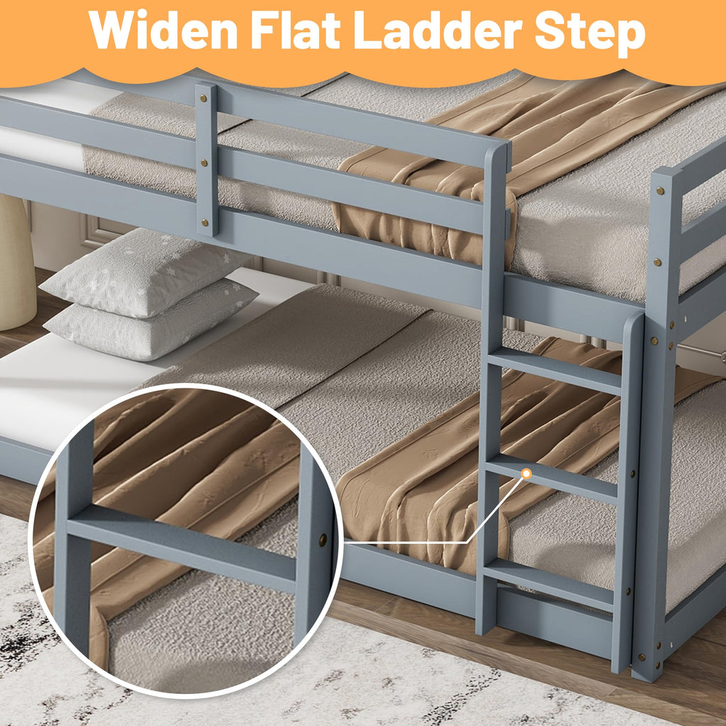 Bunk Bed Twin Over Twin, Wood Low Profile Floor Twin Bunk Beds with Headboard Ladder Guardrails for Kids Boys and Girls, No Box Spring Needed