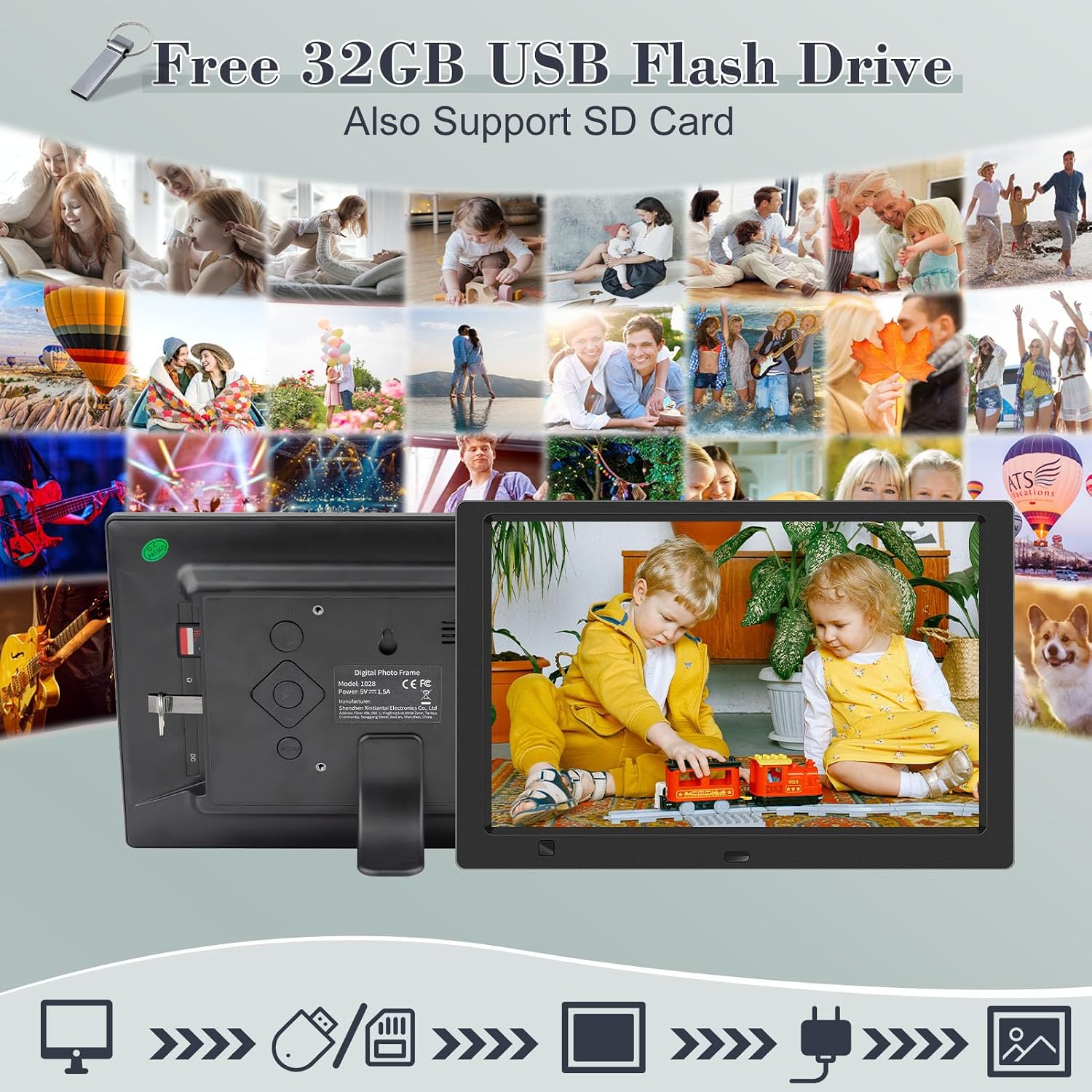 10.1" Digital Picture Frame, 1080P IPS Digital Photo Frame, No WiFi/App Needed, Plug & Play SD Card & USB, Remote & Motion Sensor, Photos/Videos/Music, Free 32GB USB