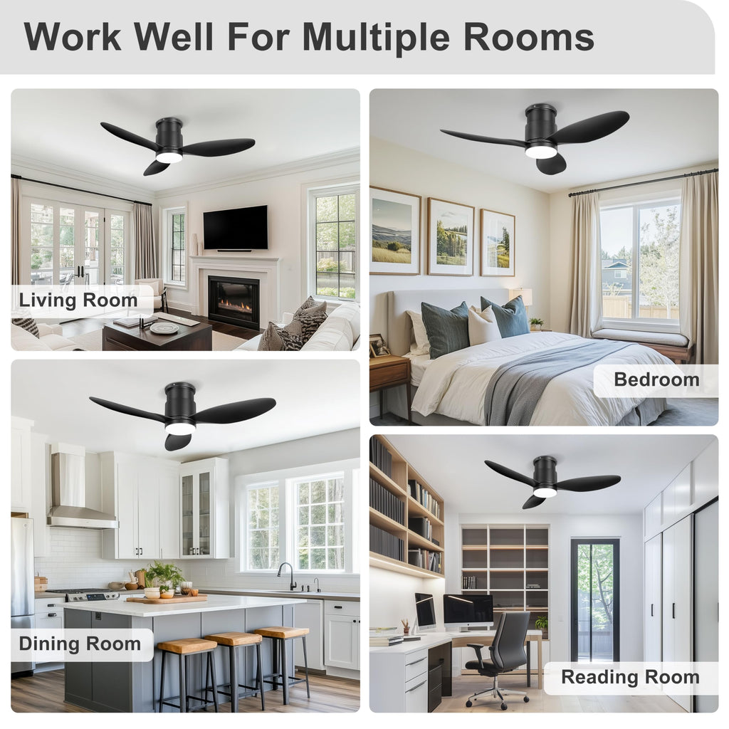 Ohniyou 42'' Flush Mount Ceiling Fans with Lights, Remote/App Control, Dimmable, Quiet Indoor/Outdoor Ceiling Fan for Covered Patio, Bedroom, Kitchen, Black