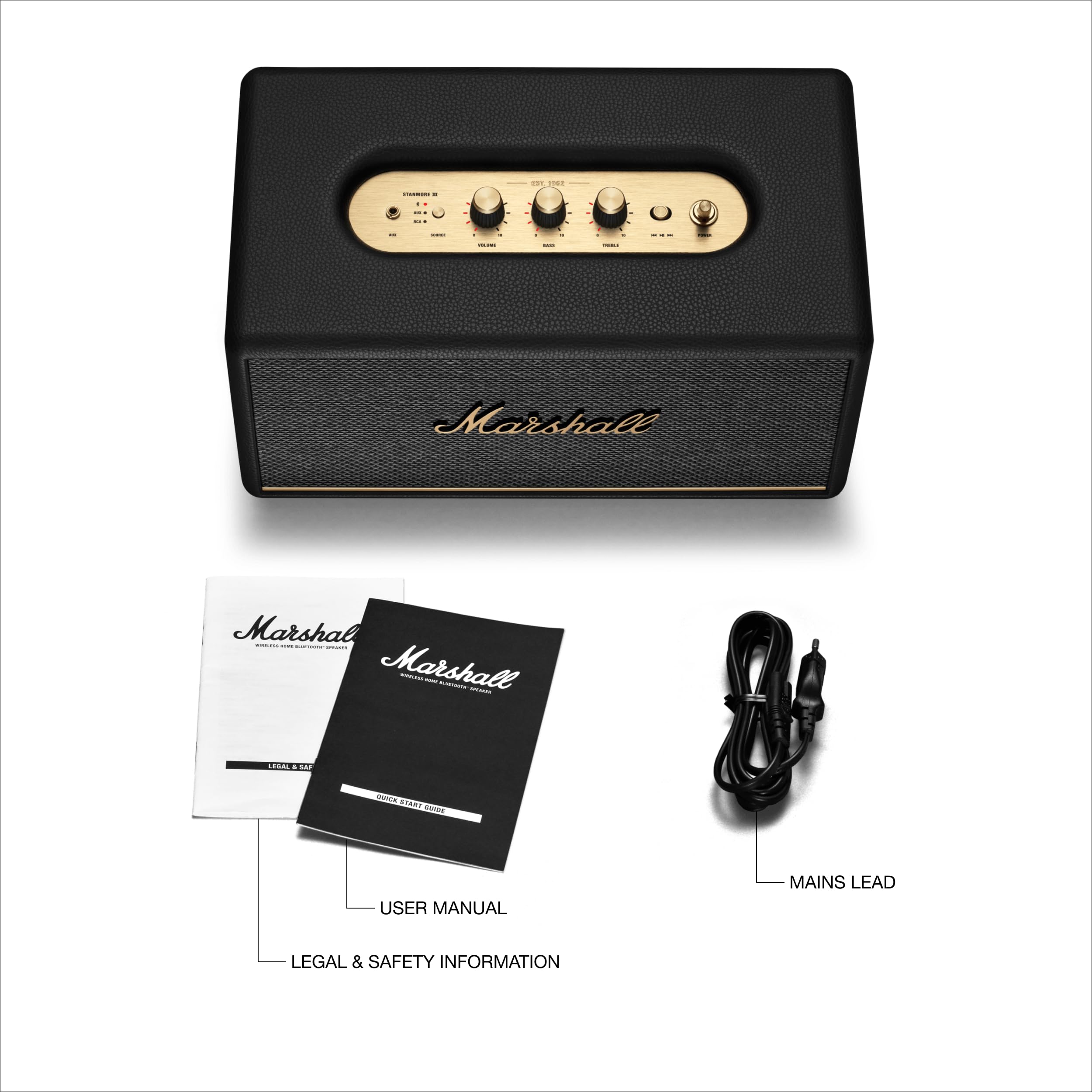 Marshall Stanmore III Bluetooth Home Speaker - Loud Stereo Sound with Bass and Treble Controls | Plug-in Powered | Record Player Compatible | RCA and 3.5mm Aux Inputs - Black