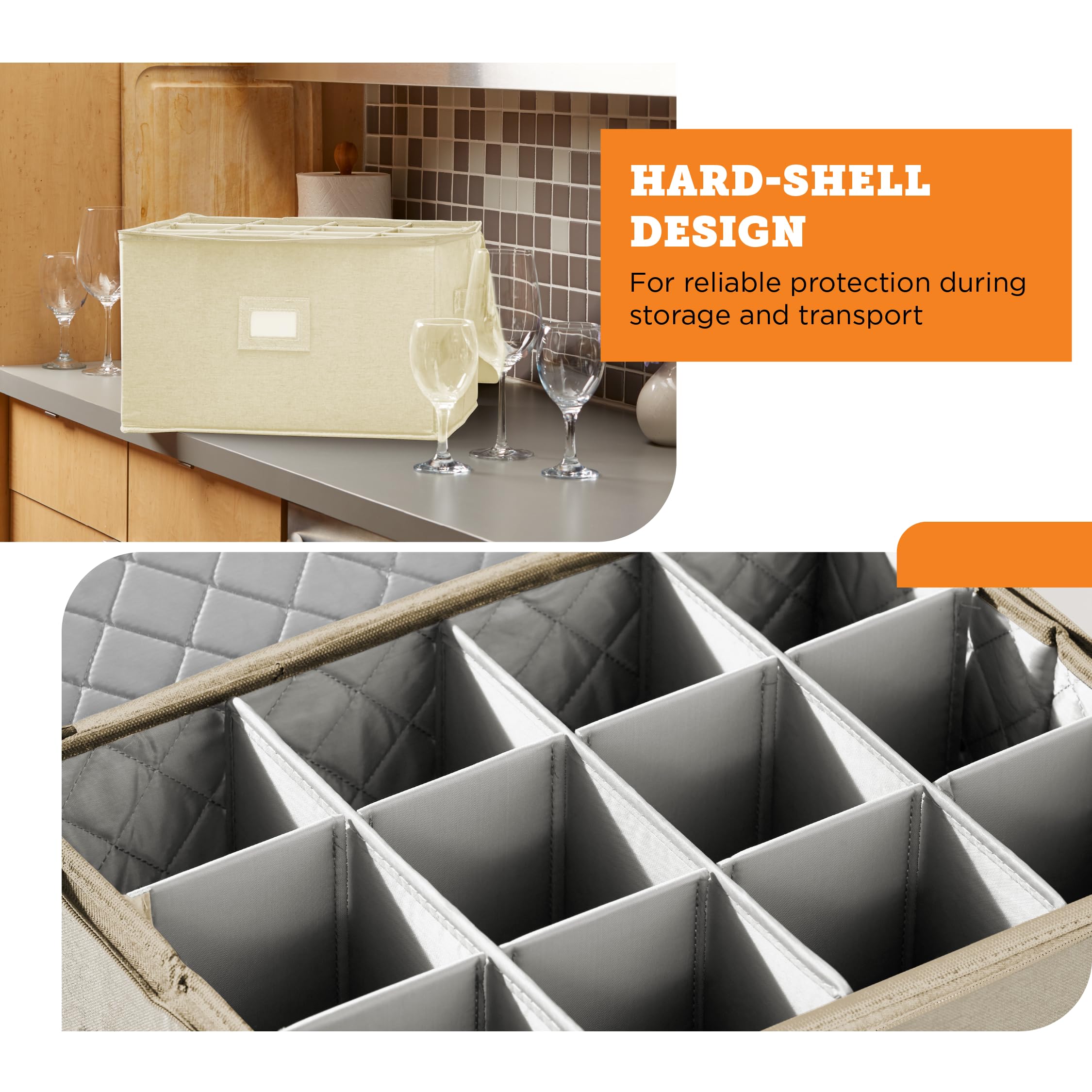 storageLAB Wine Glass Storage Containers, Hard Shell Organizer for Stemware and Glassware Sets, Stackable Wine Glass Storage Box with Dividers for Kitchen and Moving Supplies - 1 Pack, Cream