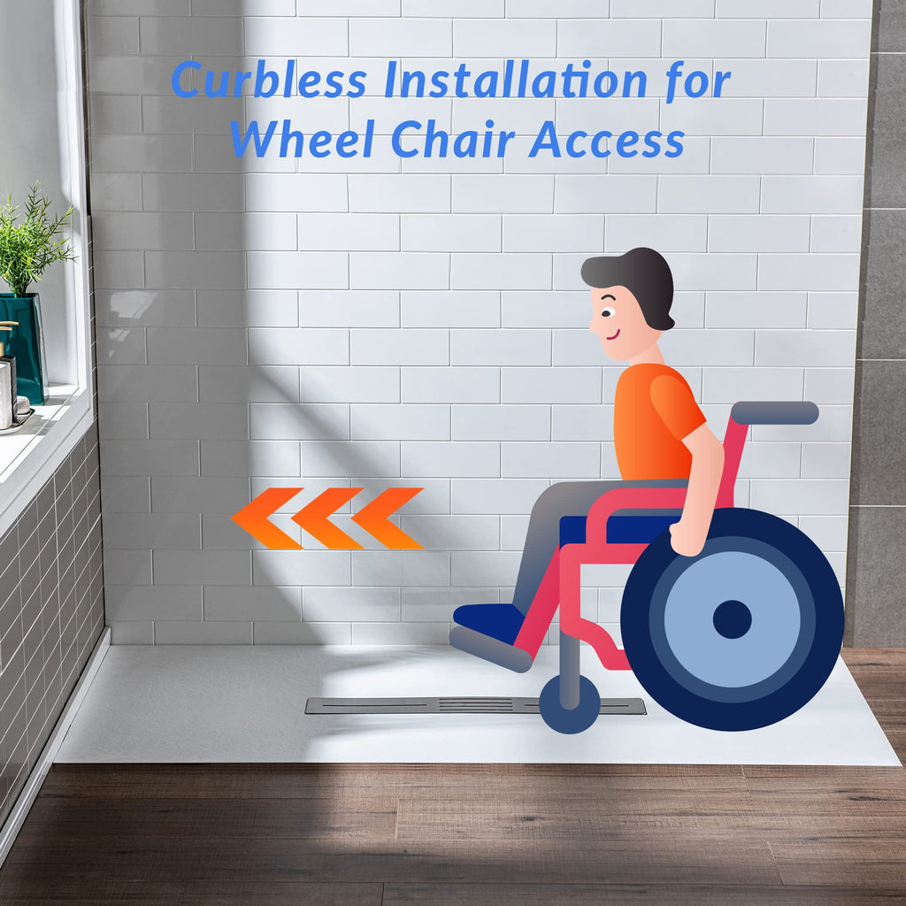WOODBRIDGE 47.25 in L x 31.5 in W Zero Threshold Shower Base with Center Drain, Decorative Drain Plate, Tile Flange, Wheelchair Access, Low Profile, Black