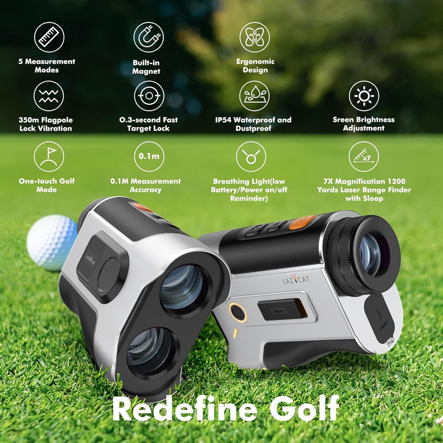 LAZYCAT Golf Rangefinder with Slope,1200 Yards Laser Range Finder Golfing Dimmable,Range Finder Golf 7X Magnification,Flag Lock Vibration,Measure Speed,Rechargeable with Magnet,Golf Gifts for Men