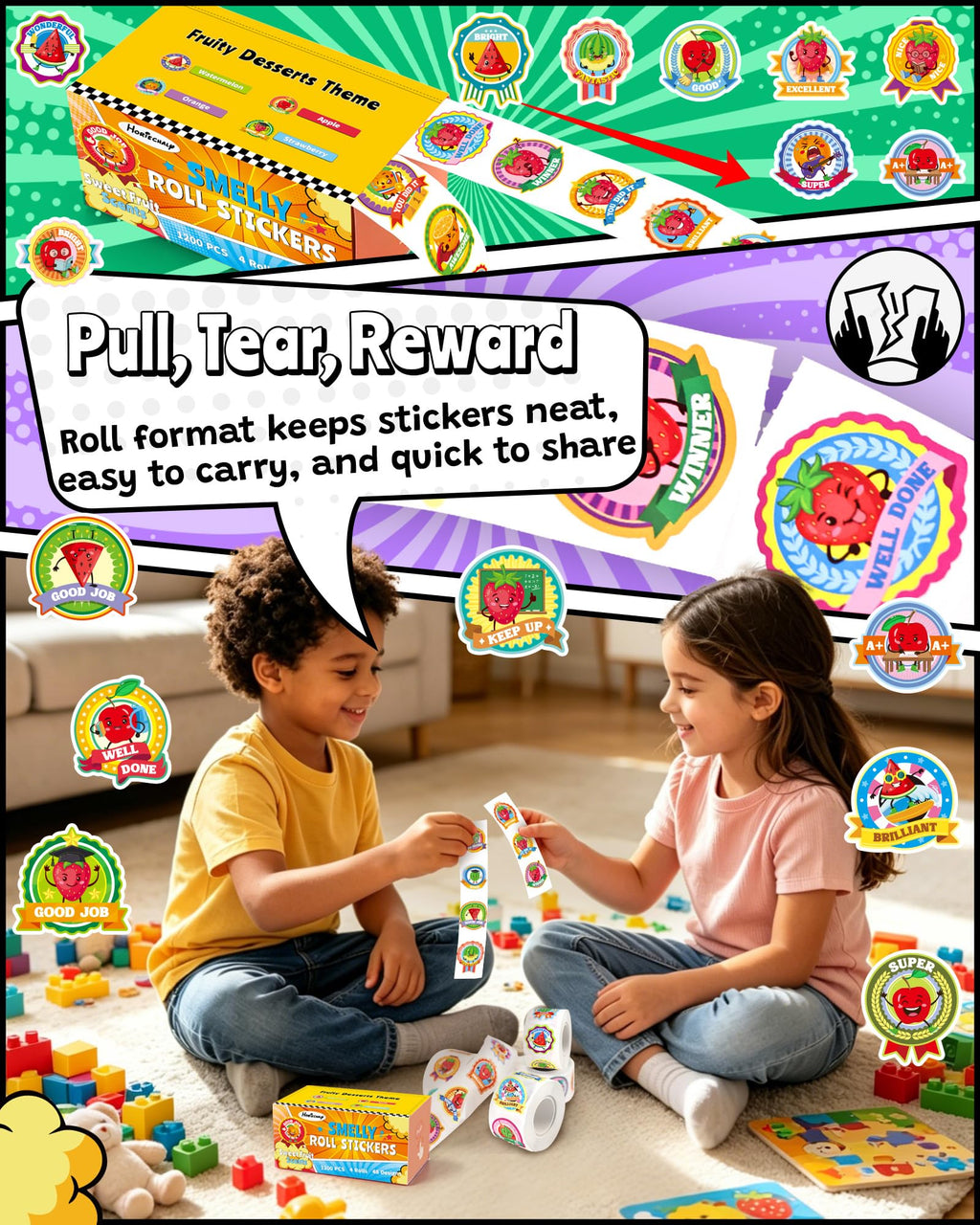 HORIECHALY 3 Rolls Scratch and Sniff Stickers for Kids, 600PCS Smelly Scented Stickers, Kid's Reward Sticker, Classroom Teacher Must Haves, School Supplies Incentives Christmas Children‘s Gift-1.57''
