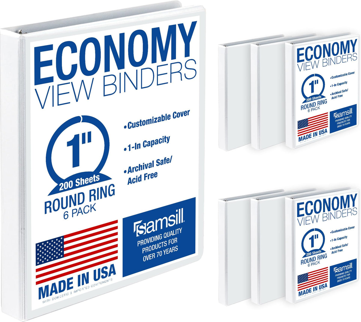 Samsill 1 Inch 3 Ring Binders, Economy Round Ring, Clear View Cover, 200 Sheet Capacity - for School, Home, Office - Blue, 4 Pack