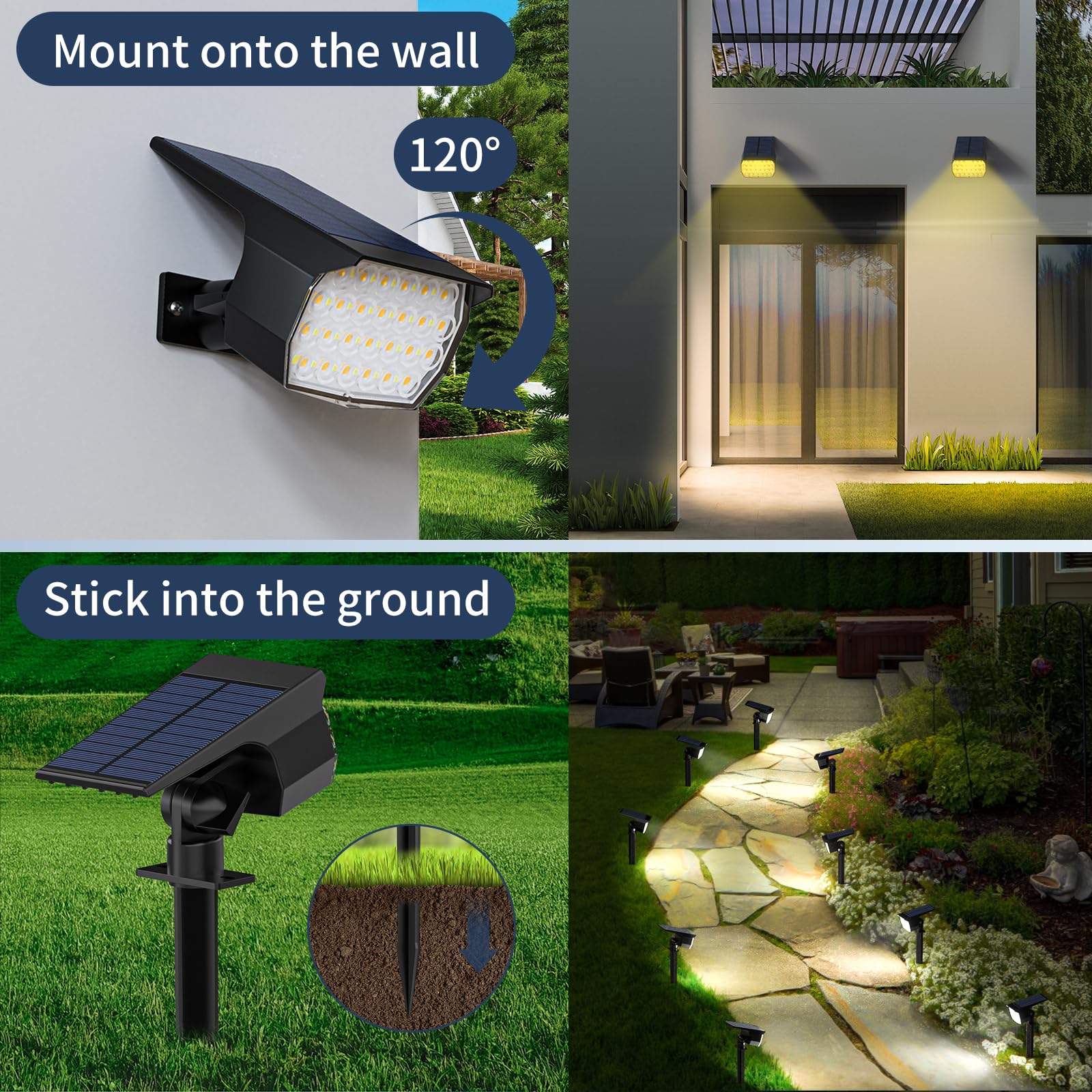 Solar Spot Lights Outdoor Waterproof IP65, 102 LEDs Solar Spotlights with Adjustable Light & Panel, [4 Modes/6 Pack] Landscape Flood Powered Lights for Outside Yard Garden Pathway(Warm White)