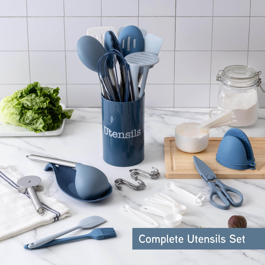 COOK WITH COLOR Silicone Cooking Utensils, Kitchen Utensil Set, Easy to Clean Silicone Kitchen Utensils, Cooking Utensils for Nonstick Cookware, Kitchen Gadgets Set with Holder, 10 Pieces