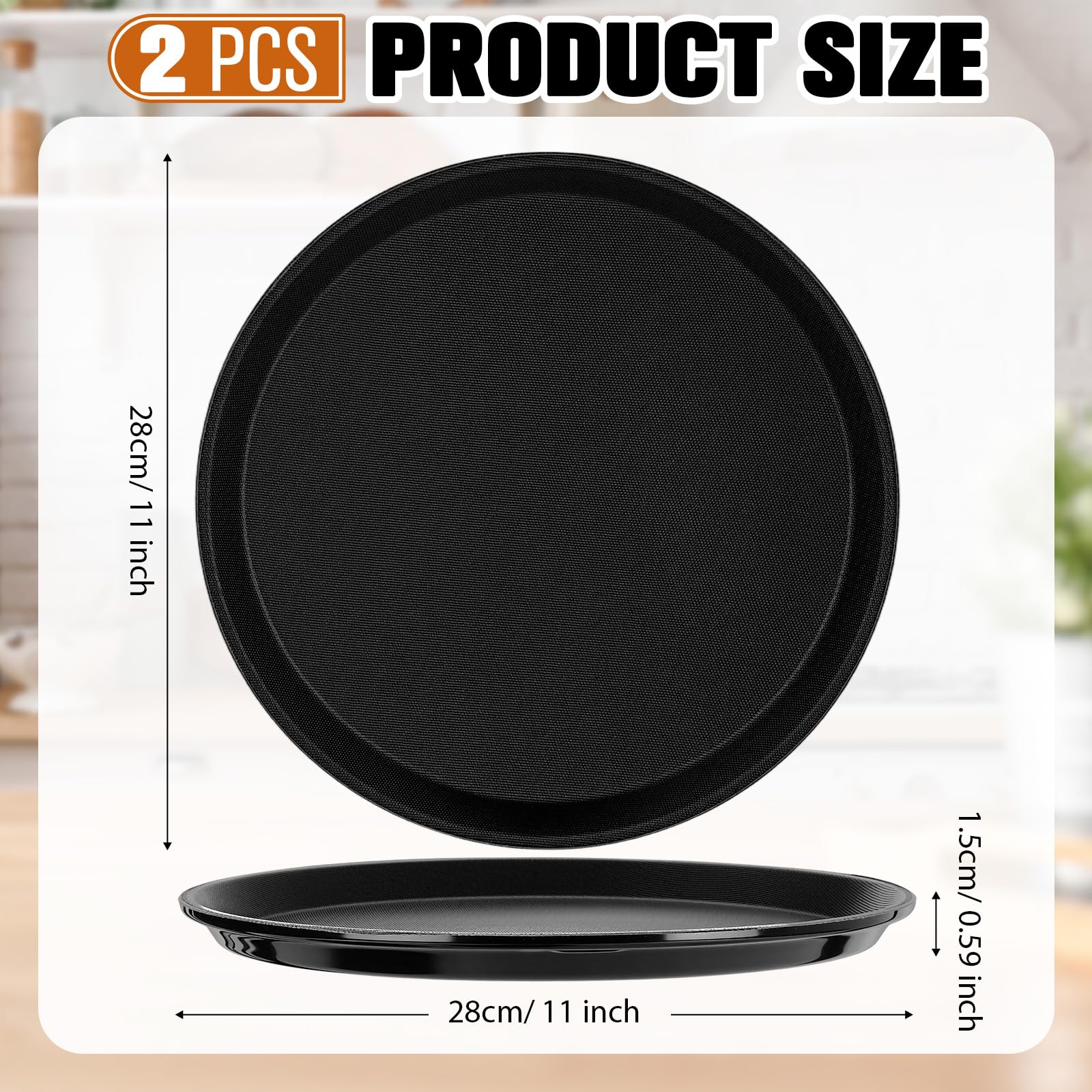 Zopeal 2 Pieces Black Round Restaurant Serving Tray, Plastic Non Slip Surface Food Meals Server Tray with Raised Edges for Home, Kitchen, Restaurant, Cafeteria, Bar (11")