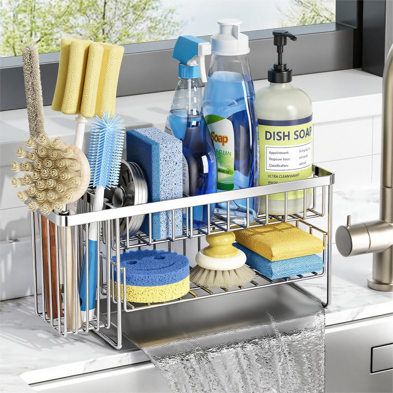Cisily 2-Tier Kitchen Sink Caddy Organzier Rack with Dish Brush Sponge Holder | Kitchen Sink Countertop Organization Storage,Home Decor Accessories Essentials Stainless Steel