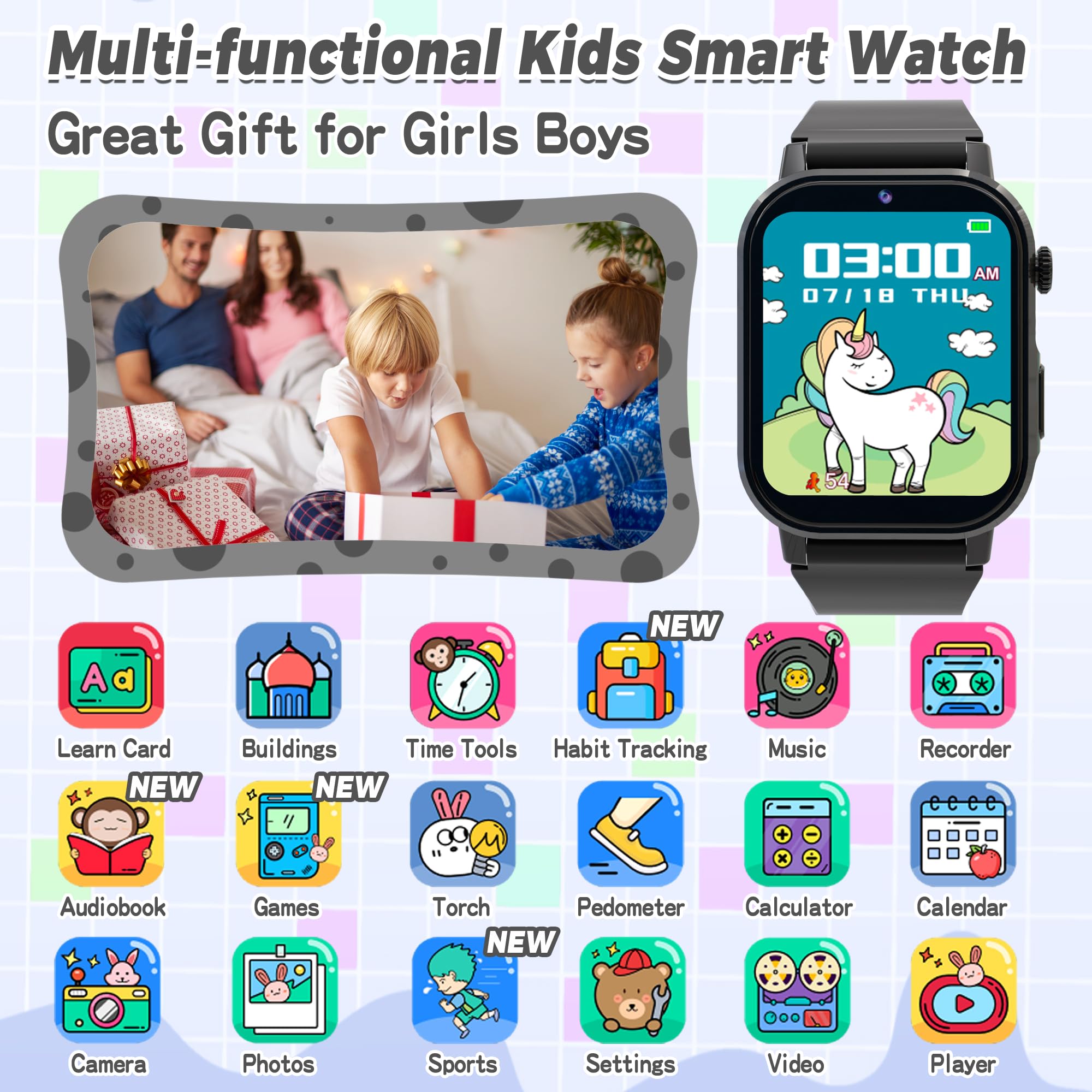 Kids Smart Watch Boys, Kids Game Smart Watch with 32 Games HD Touch Screen Video Camera Music Player Audiobooks Pedometer Flashlight Alarm Clock 12/24 hr, Toys Gift for 3-12 Years Old Boys Girls
