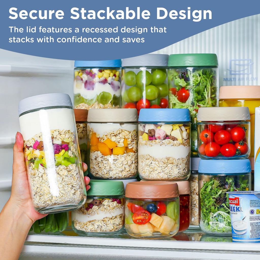 DRKIO 10 Oz Overnight Oats Containers with Lids - 4 Pack Glass Storage Jars with Airtight Lids Wide Mouth Mason Food Jars Great for Meal Prep Salad Chia Pudding Snacks Yogurt Sugar Spice Cereal
