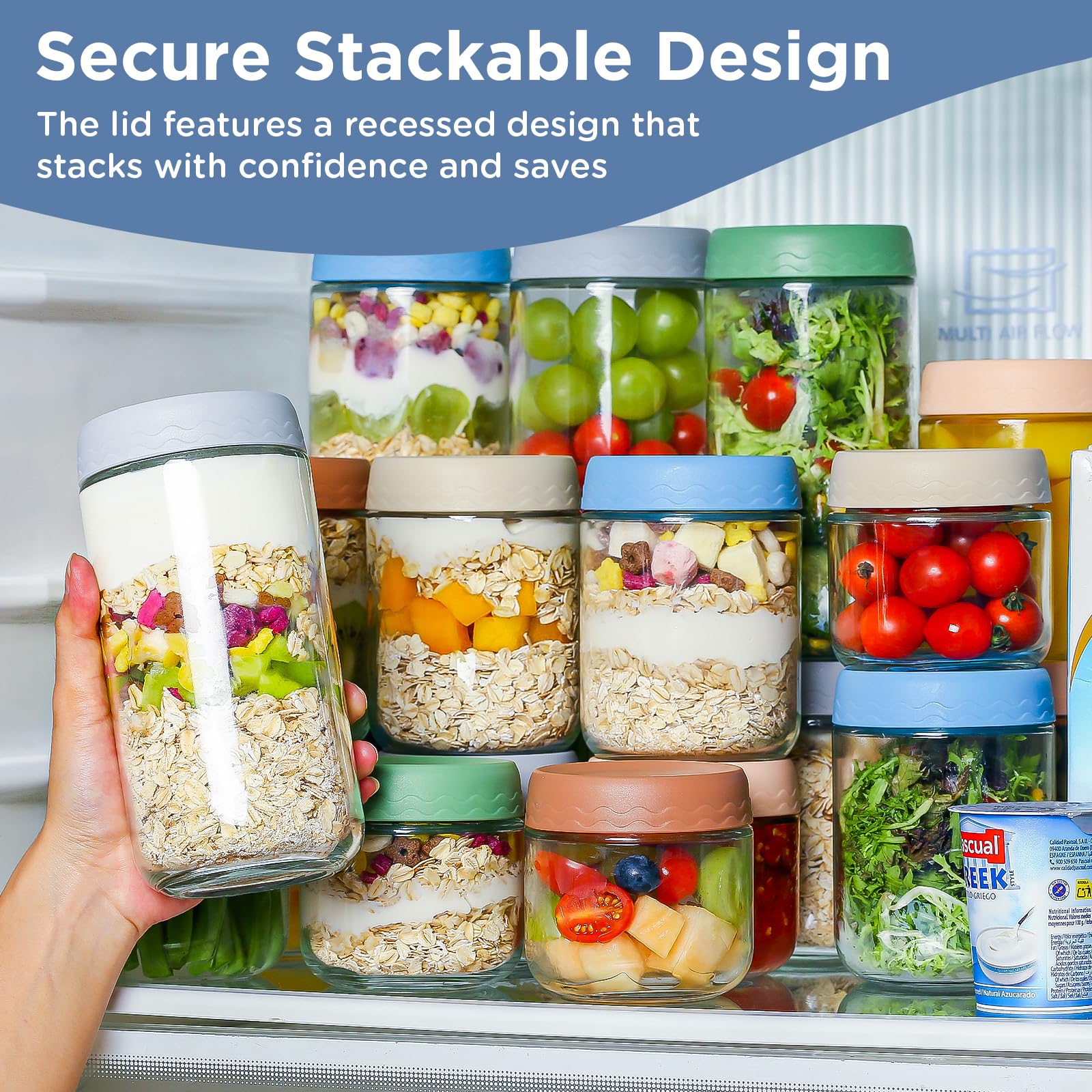 DRKIO 10 Oz Overnight Oats Containers with Lids - 4 Pack Glass Storage Jars with Airtight Lids Wide Mouth Mason Food Jars Great for Meal Prep Salad Chia Pudding Snacks Yogurt Sugar Spice Cereal
