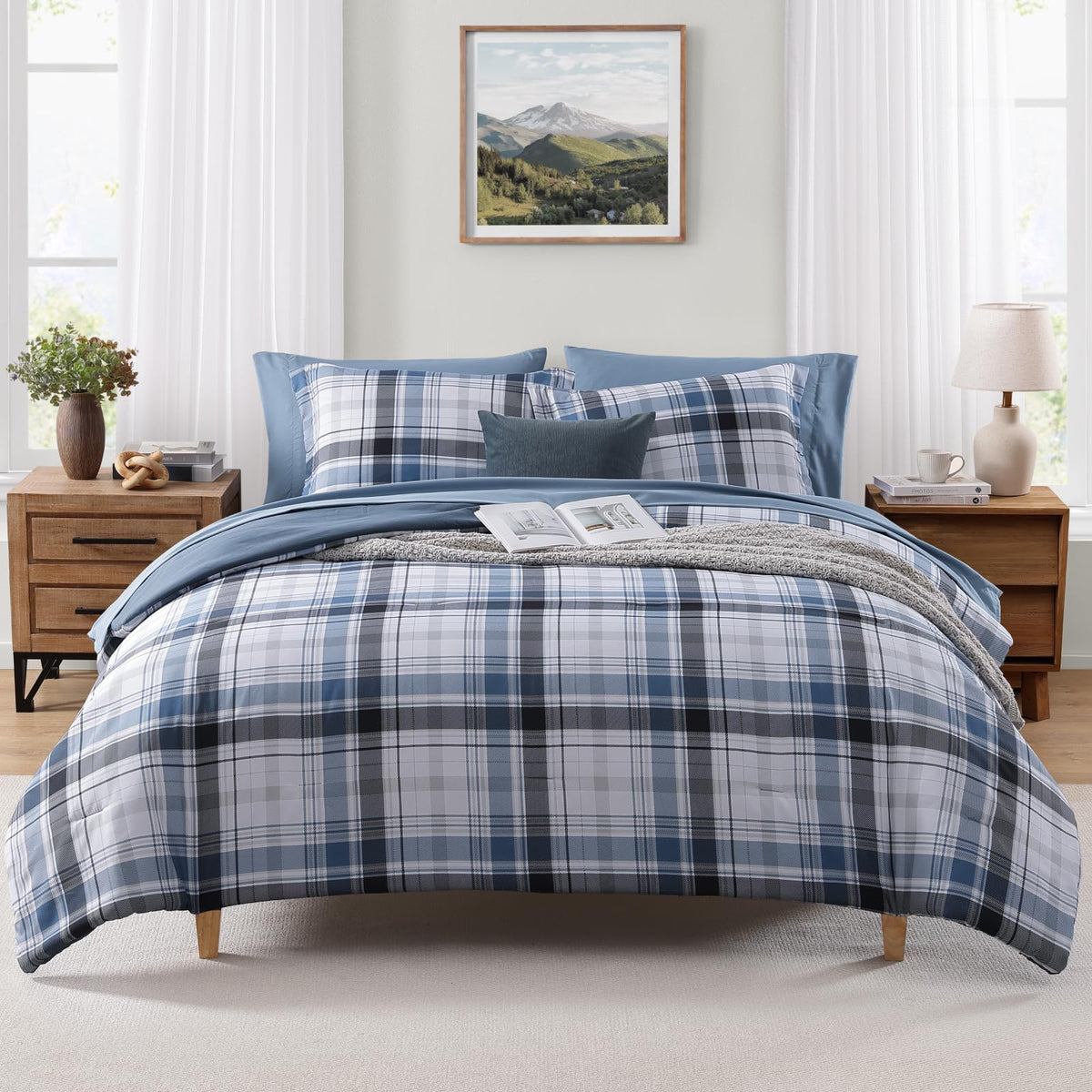 MaiRêve Queen Comforter Set, Classic Plaid Farmhouse Bedding Sets 7 Pieces, Beige All Season Bed in A Bag with Sheets, Pillowcases & Shams