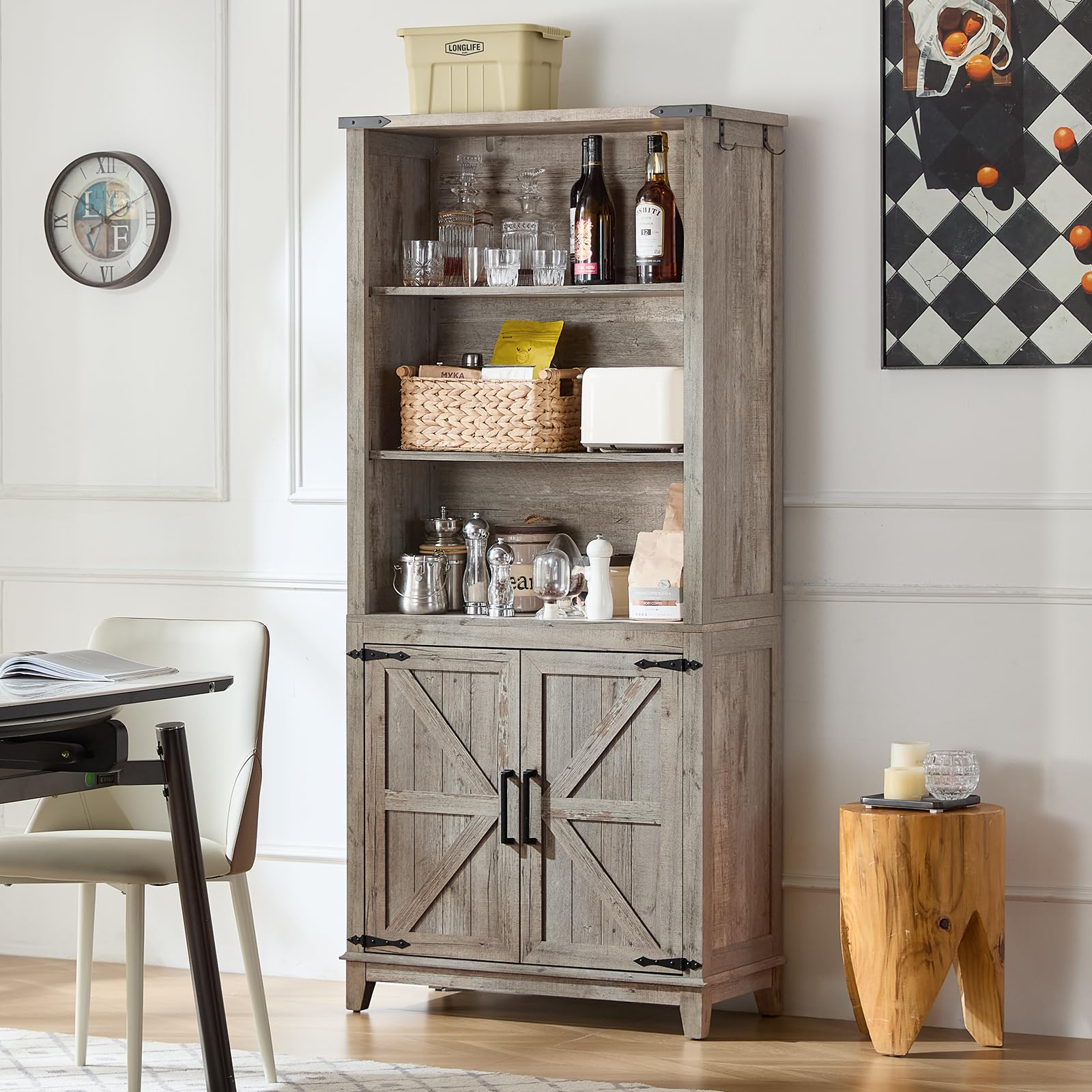 Joaxswe 70in Tall Bookshelf 5 Tier Bookcase with Barn Doors and Adjustable Shelves, Black Farmhouse Book Shelf with Storage Cabinet, Wood Freestanding Display Bookshelves for Bedroom, Living Room