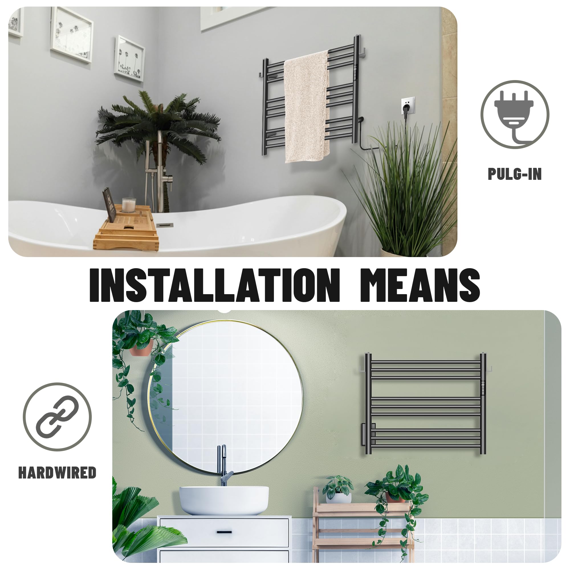 K&KALONZO Wall-Mounted 9-Bar Heated Towel Rack, Fast Heat in 2 Min, NTC Safety | 4 Timers & 3 Heat Levels Control, Plug-In/Hardwired, Top Hooks, Memory Function, Anti-Scald, Stainless Steel, EL13ML