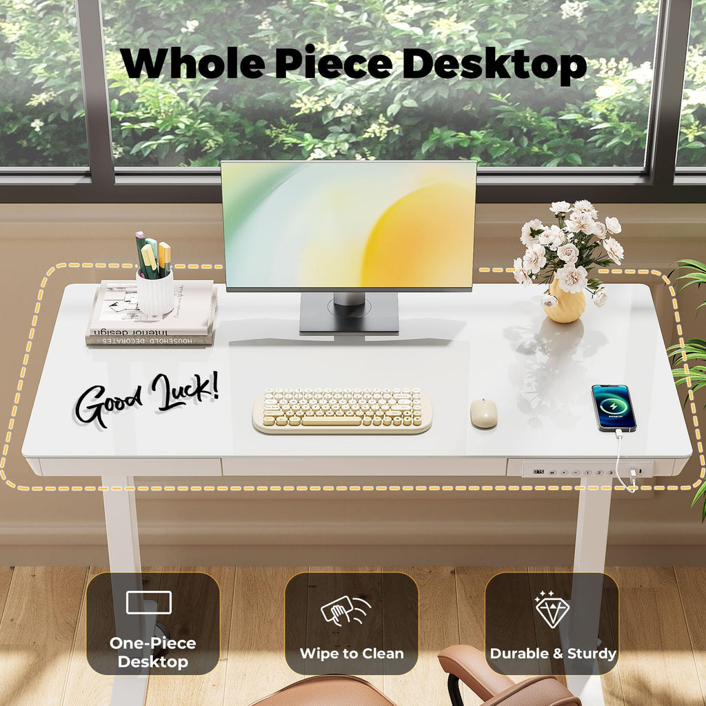 Glass Electric Standing Desk with Drawer, 35" x 20" Whole Piece Tabletop Samll Sit Stand Table, Height Adjustable Workstation with Storage & USB Ports, Quick Install Home Office Desk