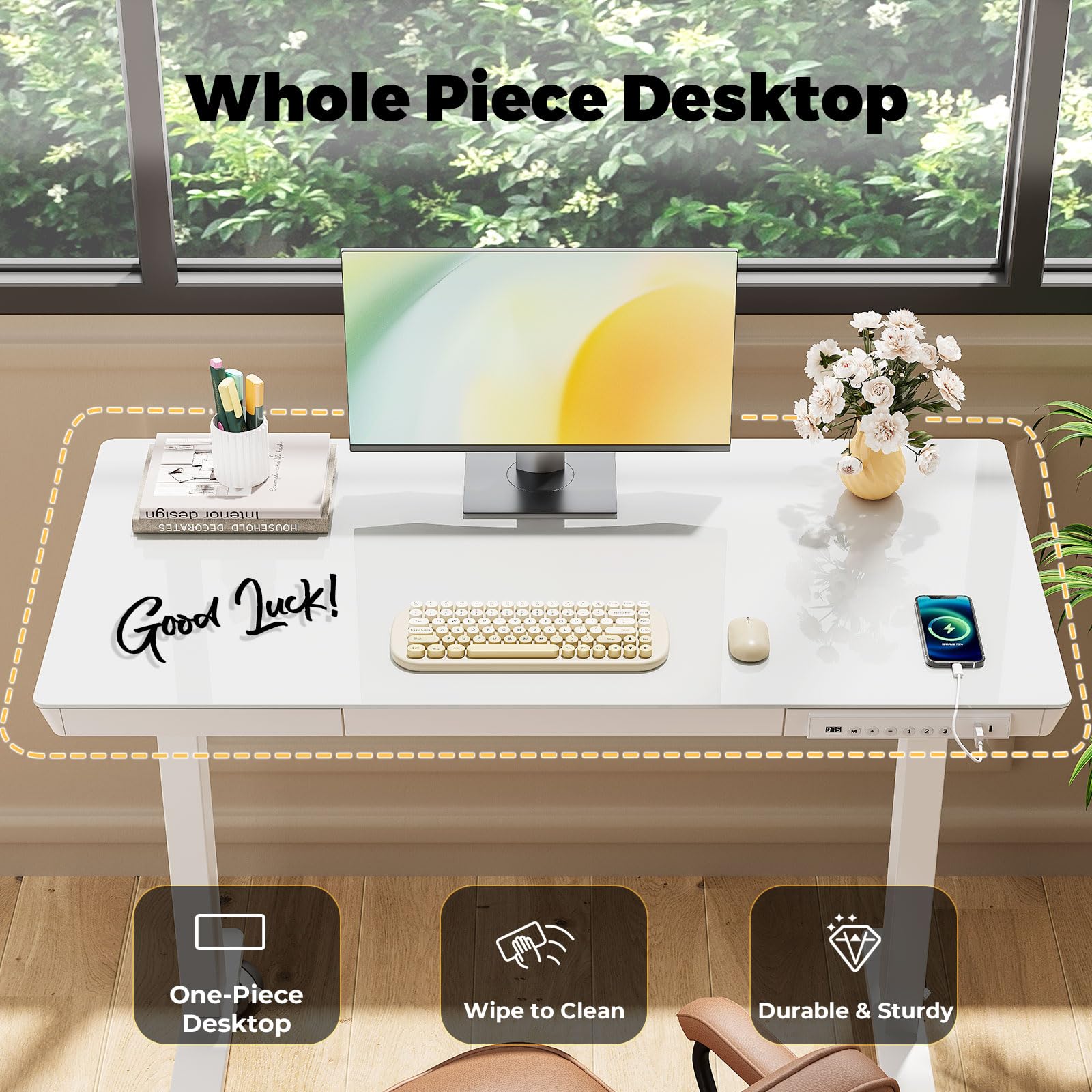 Glass Electric Standing Desk with Drawer, 35" x 20" Whole Piece Tabletop Samll Sit Stand Table, Height Adjustable Workstation with Storage & USB Ports, Quick Install Home Office Desk