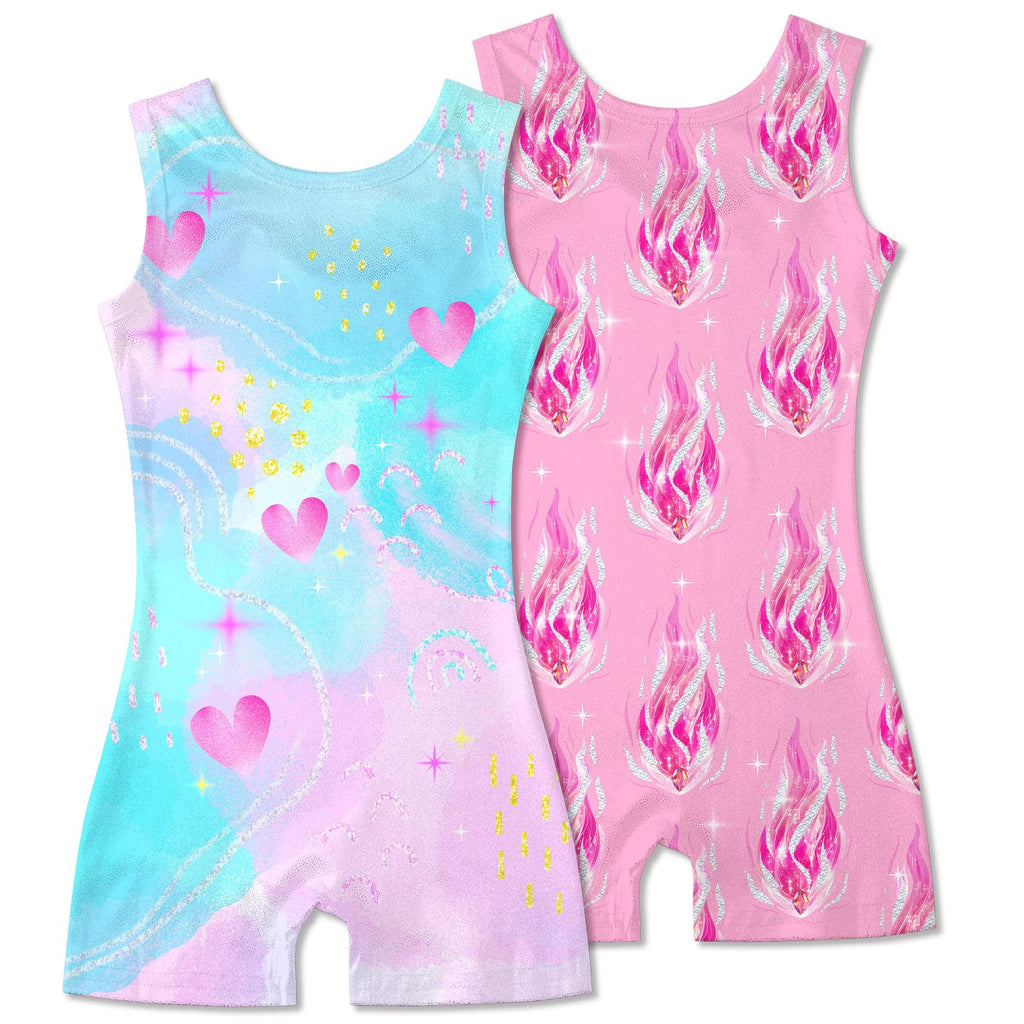 2 Packs Gymnastics Leotards for Girls Mermaid Leopard Dance Leotard Kids Biketard with Shorts