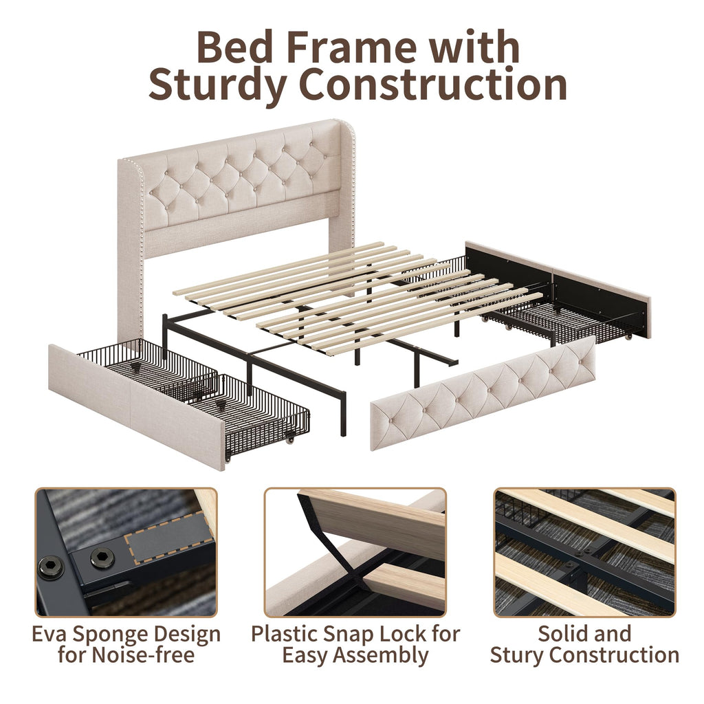 BRELTAM Full Size Bed Frame with Storage Drawers and Wingback Headboard Linen Upholstered Platform Bed Frame Tufted Beds with Heavy Duty Wood Slats, Noise Free, Easy Assembly, Beige
