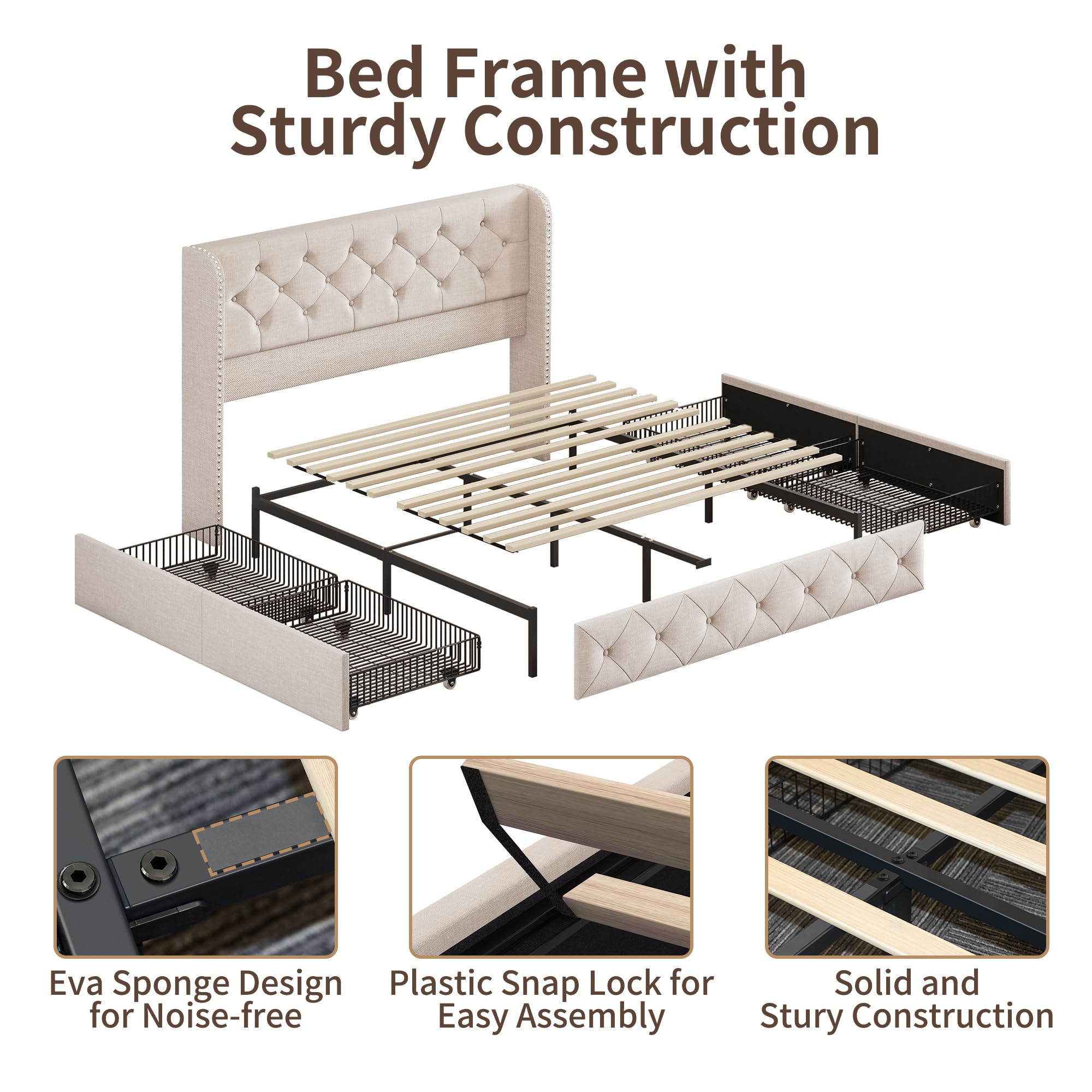 BRELTAM Full Size Bed Frame with Storage Drawers and Wingback Headboard Linen Upholstered Platform Bed Frame Tufted Beds with Heavy Duty Wood Slats, Noise Free, Easy Assembly, Beige