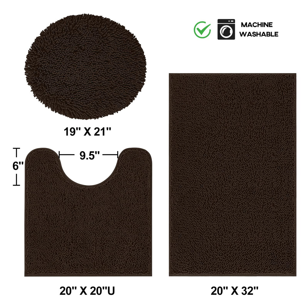 TREETONE Chenille Bath Mat 3 Pieces Bathroom Rugs Set, 20x20 Inches U-Shape Contoured Toilet Mat & 20x32 Inches Rug & Lid Cover,Water Absorbent Plush Rugs for Tub Shower & Bath Room -Beige