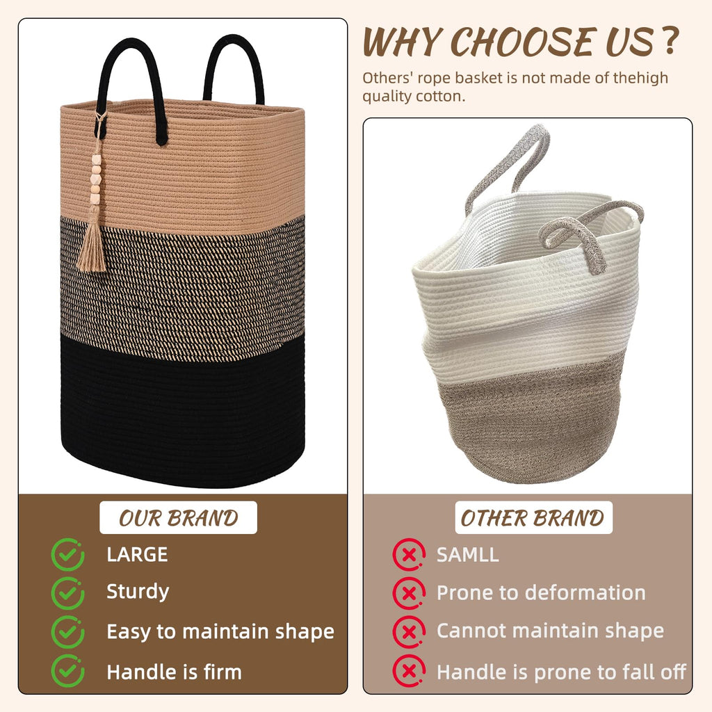 Woven Laundry Basket for Clothes, 50L Large Rectangle Laundry Hampers with Beads Tassel, Nursery Storage Basket for Toys, Tall Dirty Clothes Hamper for Bedroom Aesthetic, Laundry Room Organization