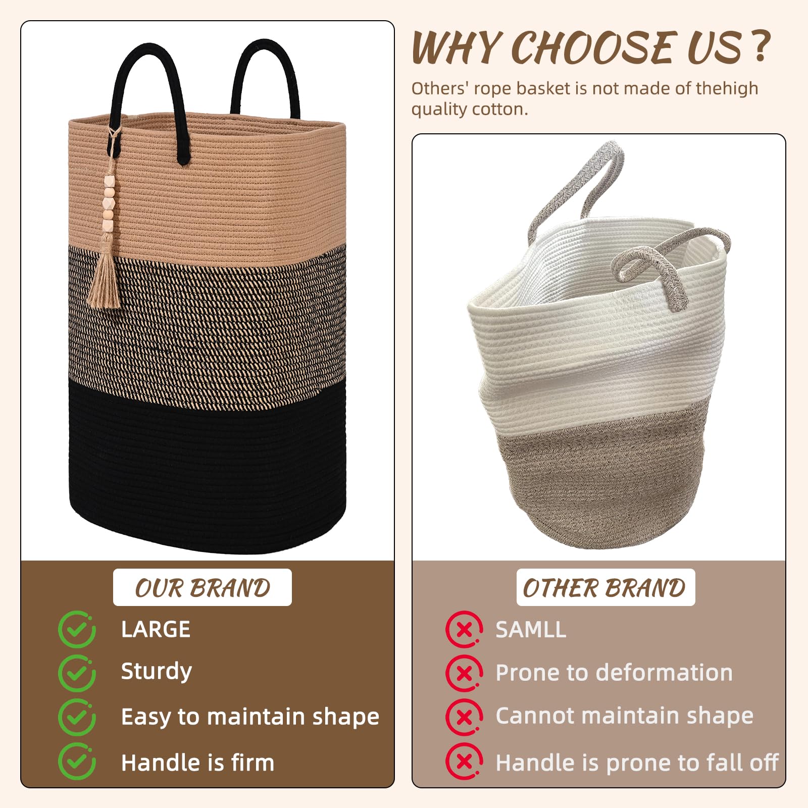 Woven Laundry Basket for Clothes, 50L Large Rectangle Laundry Hampers with Beads Tassel, Nursery Storage Basket for Toys, Tall Dirty Clothes Hamper for Bedroom Aesthetic, Laundry Room Organization