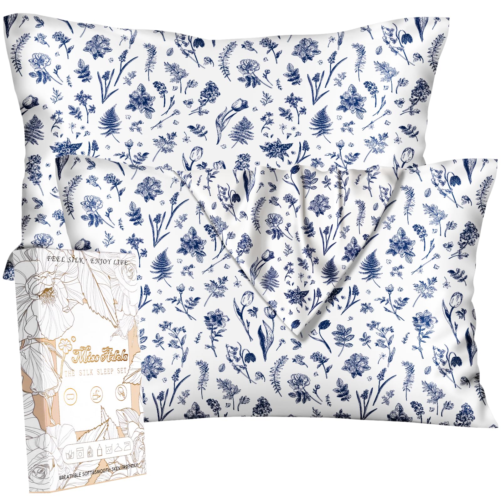 Miss Adola 2 Pack Mulberry Silk Pillowcase for Hair and Skin - Standard Size 20 x 26 Inches with Hidden Zipper Beige Flower 19 Momme Soft Sleeping Silk Pillow Case for Women, Moms