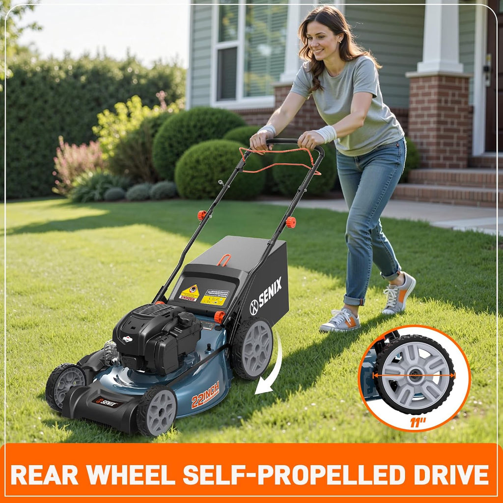 SENIX 22" Gas Lawn Mower, 163cc Self Propelled Gas Powered Lawnmower with B&S 4-Cycle Engine, 3-in-1 Walk-Behind Push Lawn Mowers, 6-Position Height Adjustment, cortadora de pasto, LSSG-H1