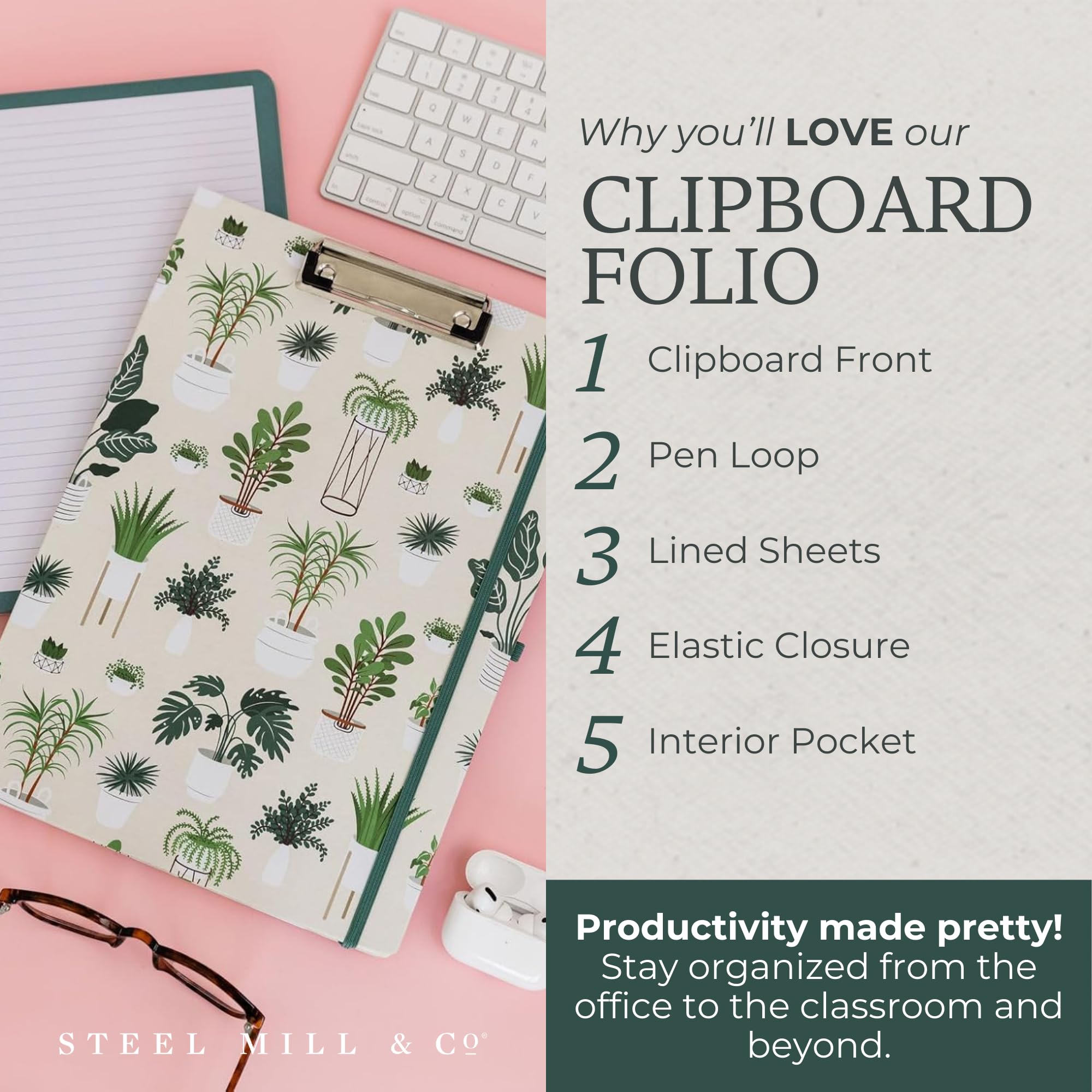 Steel Mill & Co Cute Clipboard Folio with Refillable Lined Notepad and Interior Storage Pocket, Black and White Padfolio for Work, Black Dots