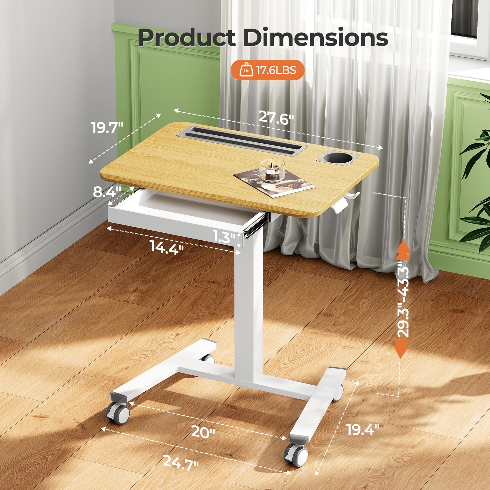Small Mobile Standing Desk with Drawer, 23.6"x19.7" Rolling Laptop Cart on Wheels, Height Adjustable Sit Stand Computer Workstation with Storage for Compact Space, Black
