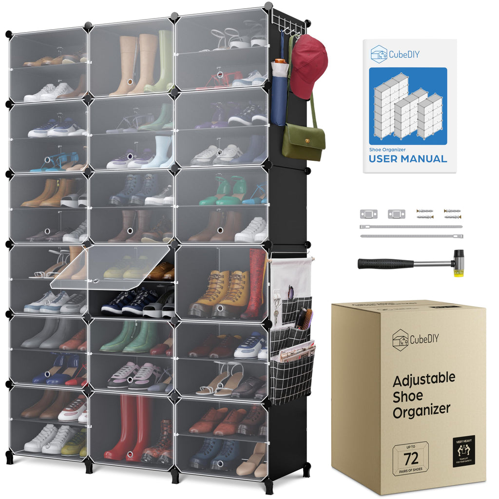 CUBEDIY Shoe Organizer Cabinet Up to 72 Pairs, Shoe Closet-Covered Shoe Rack with See-Through Door (Clear, Plastic, Stackable) Cubby Portable Shoe Organizer with Covers, Hooks & Pockets, Black