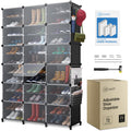 CUBEDIY Shoe Organizer Cabinet Up to 72 Pairs, Shoe Closet-Covered Shoe Rack with See-Through Door (Clear, Plastic, Stackable) Cubby Portable Shoe Organizer with Covers, Hooks & Pockets, Black